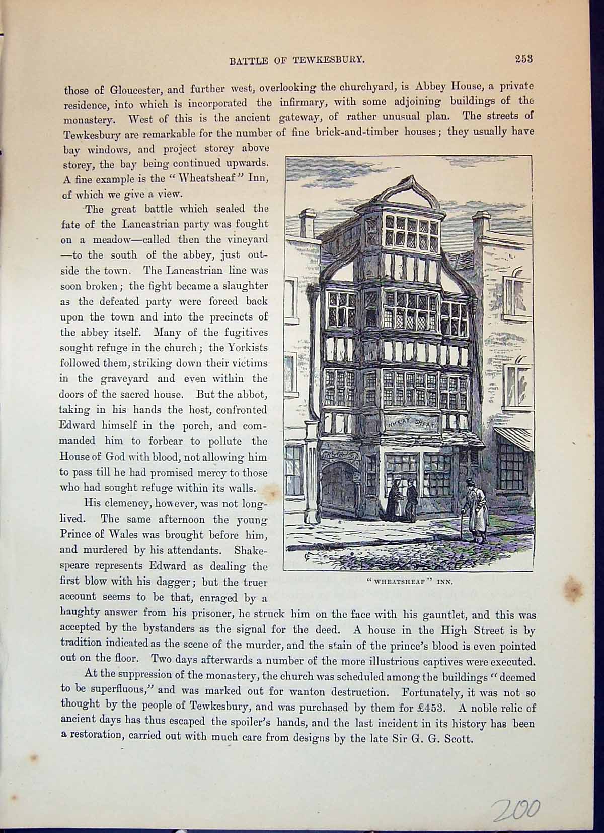 Original Old Antique Print Wheatsheaf Inn Tewkesbury Architecture Cassell C1882