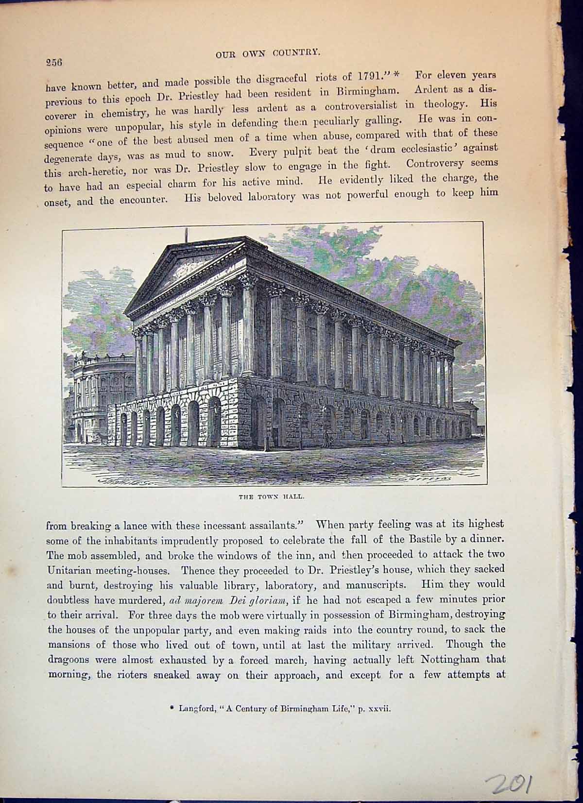 Original Old Antique Print Town Hall Birmingham Architecture Cassell C1882 19th