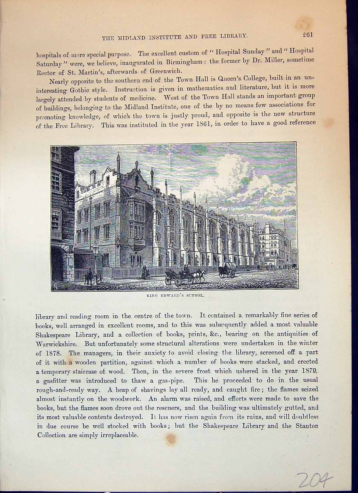 Antique Old Print King Edward'S School Exterior Architecture Cassell C1882 19th