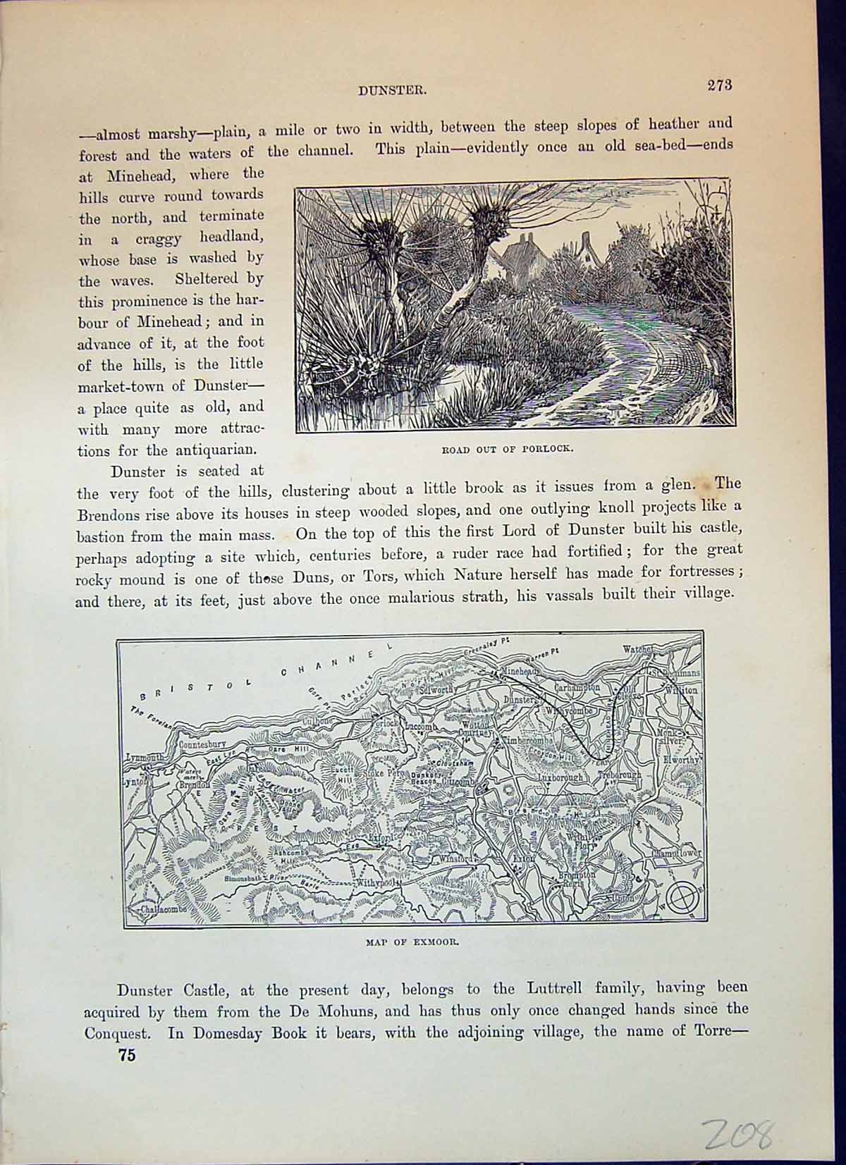 Antique Old Print Map Exmoor Road Out Porlock Bristol Channel Cassell C1882