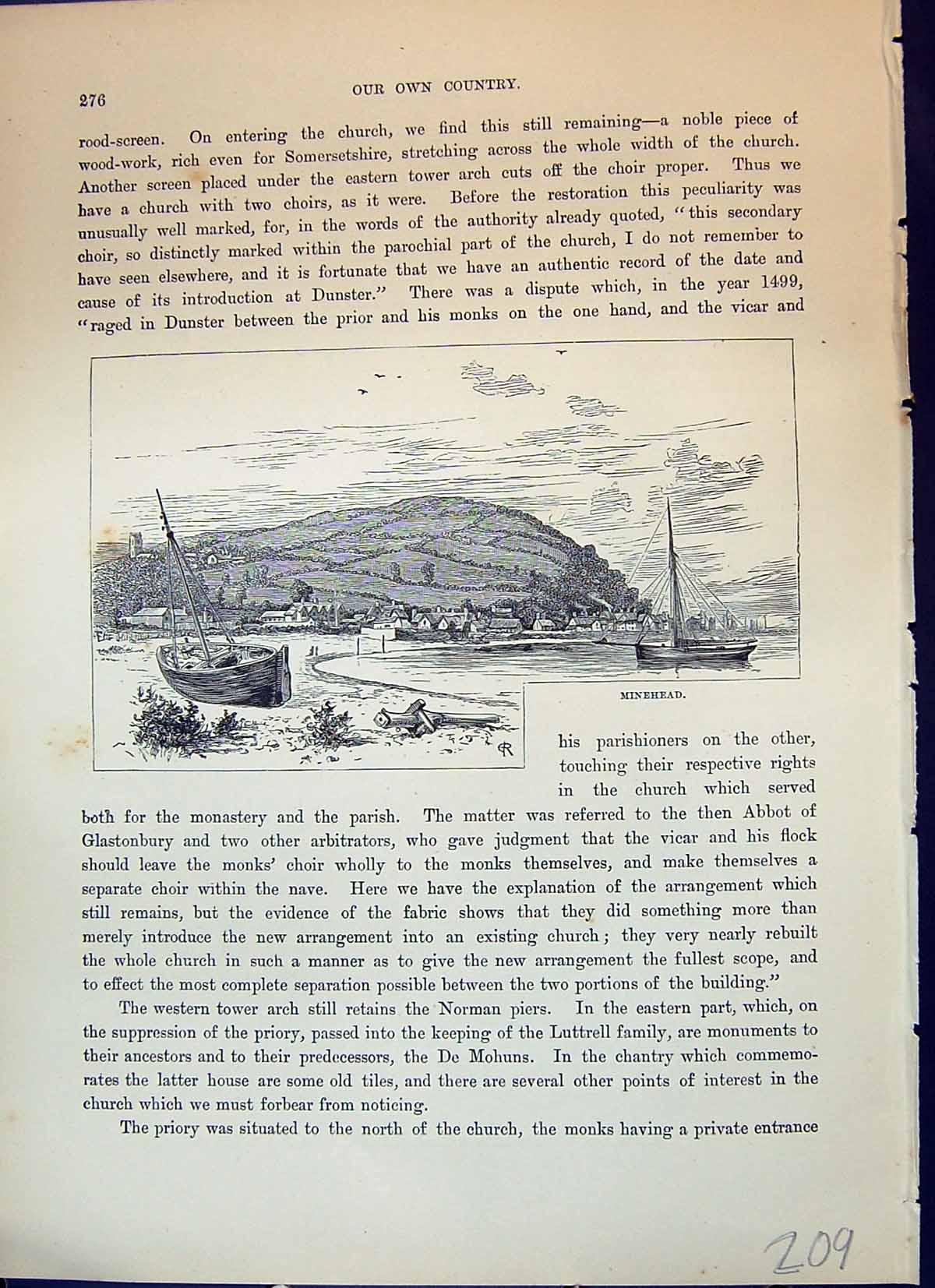 Original Old Antique Print View Minehead Sea Boats England Cassell C1882 19th