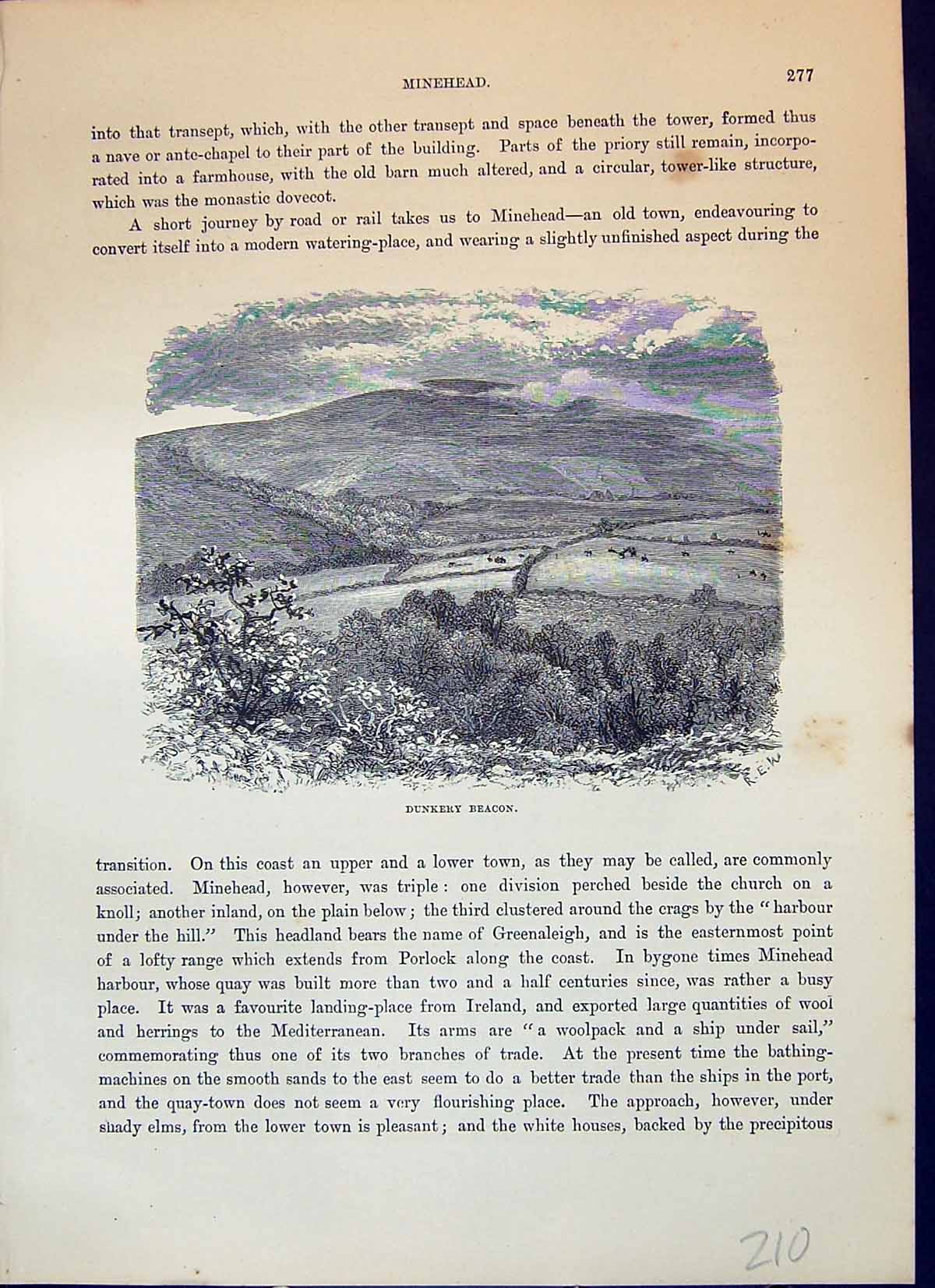 Original Old Antique Print Dunkery Beacon Hills Minehead Cassell C1882 19th