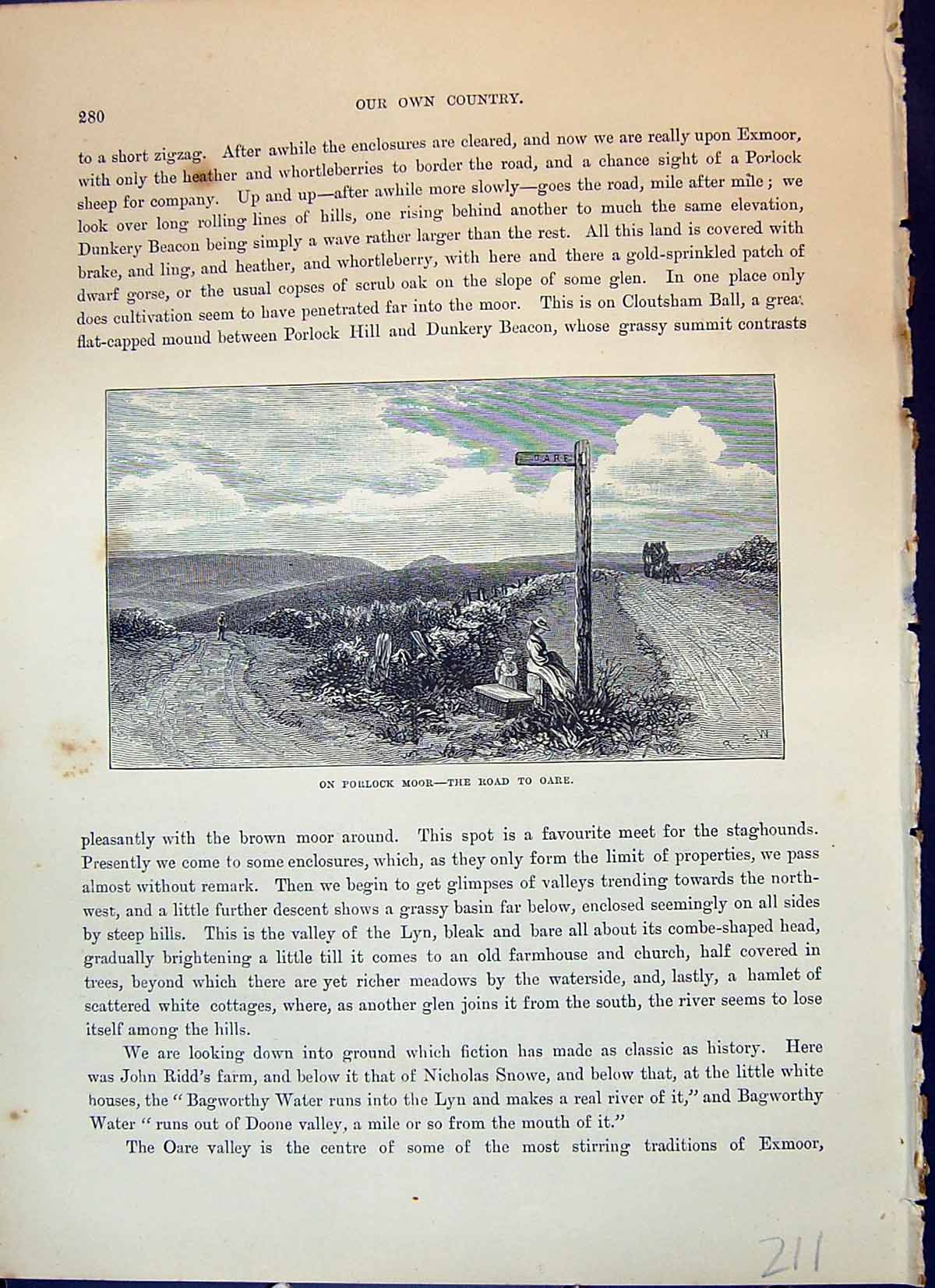 Original Old Antique Print Scene Road Oare Porlock Moor Cassell C1882 Victorian