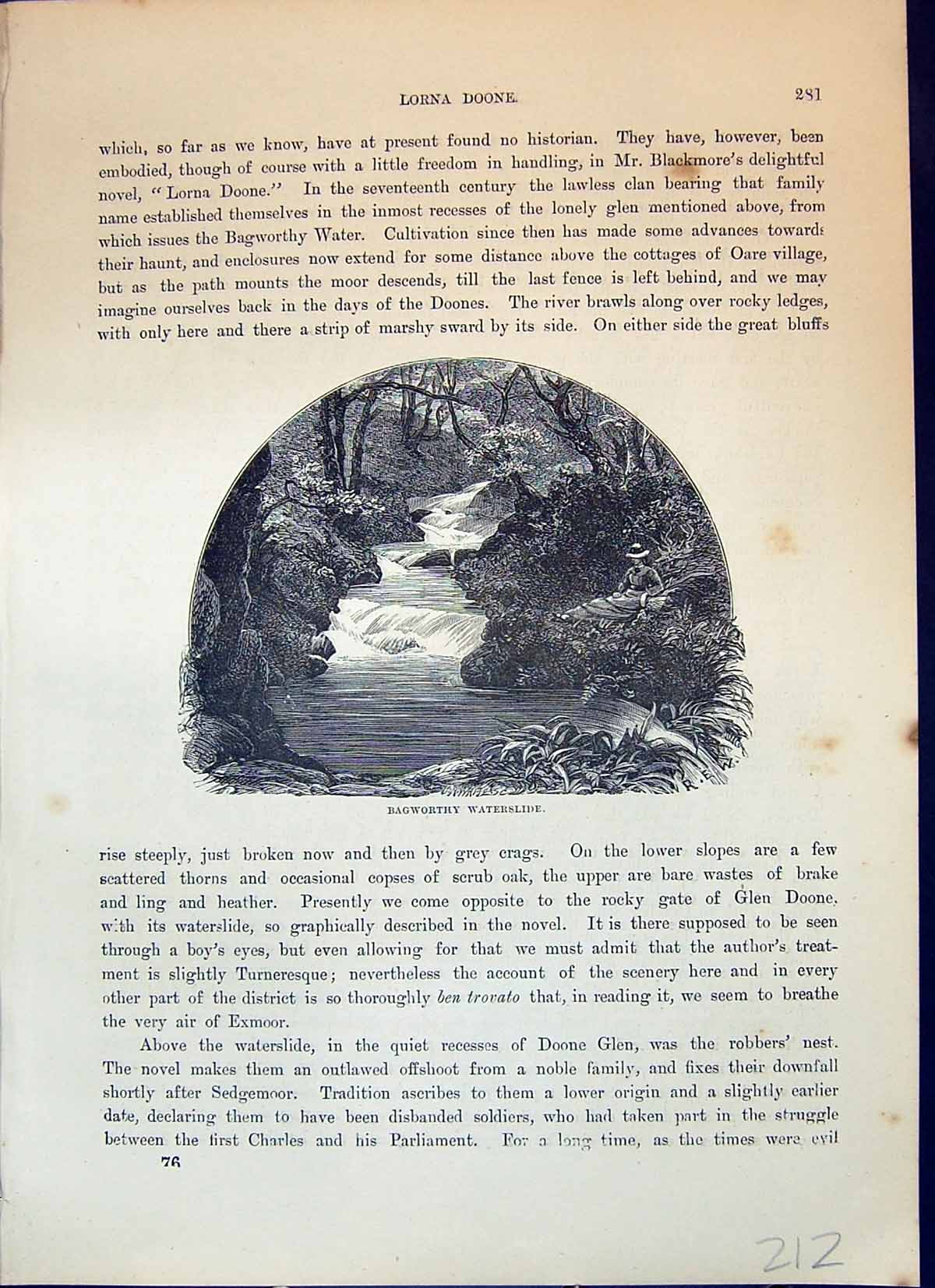 Old Antique Print Bagworthy Waterslide River Trees Nature Cassell C1882 19th