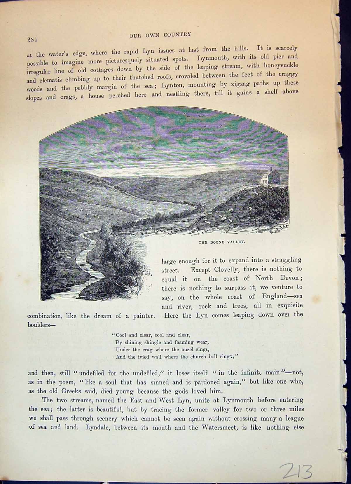 Original Old Antique Print Doone Valley Exmoor Hills Stream Sheep Cassell C1882