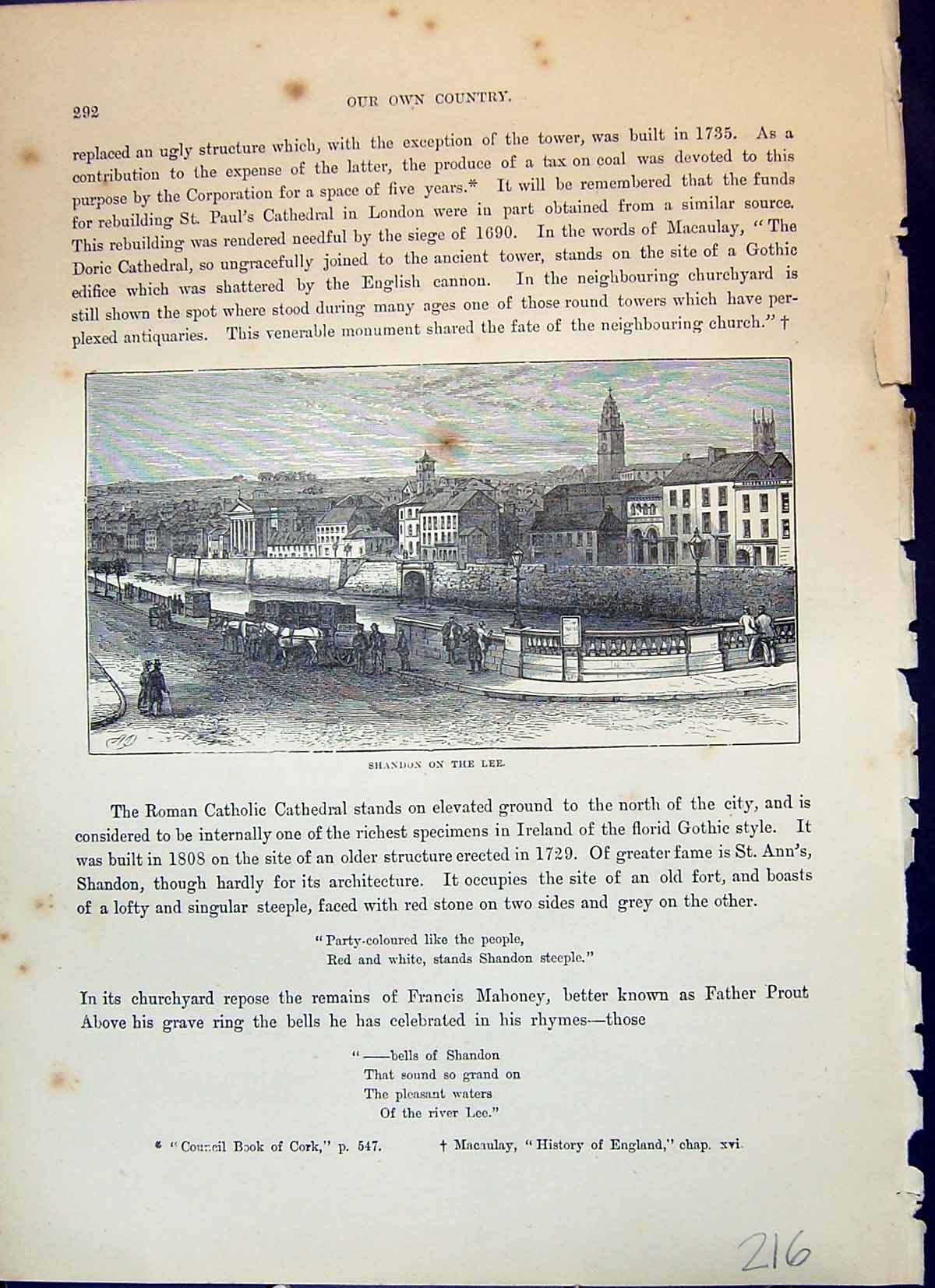 Original Old Antique Print Shandon River Lee Ireland Street Scene Cassell C1882