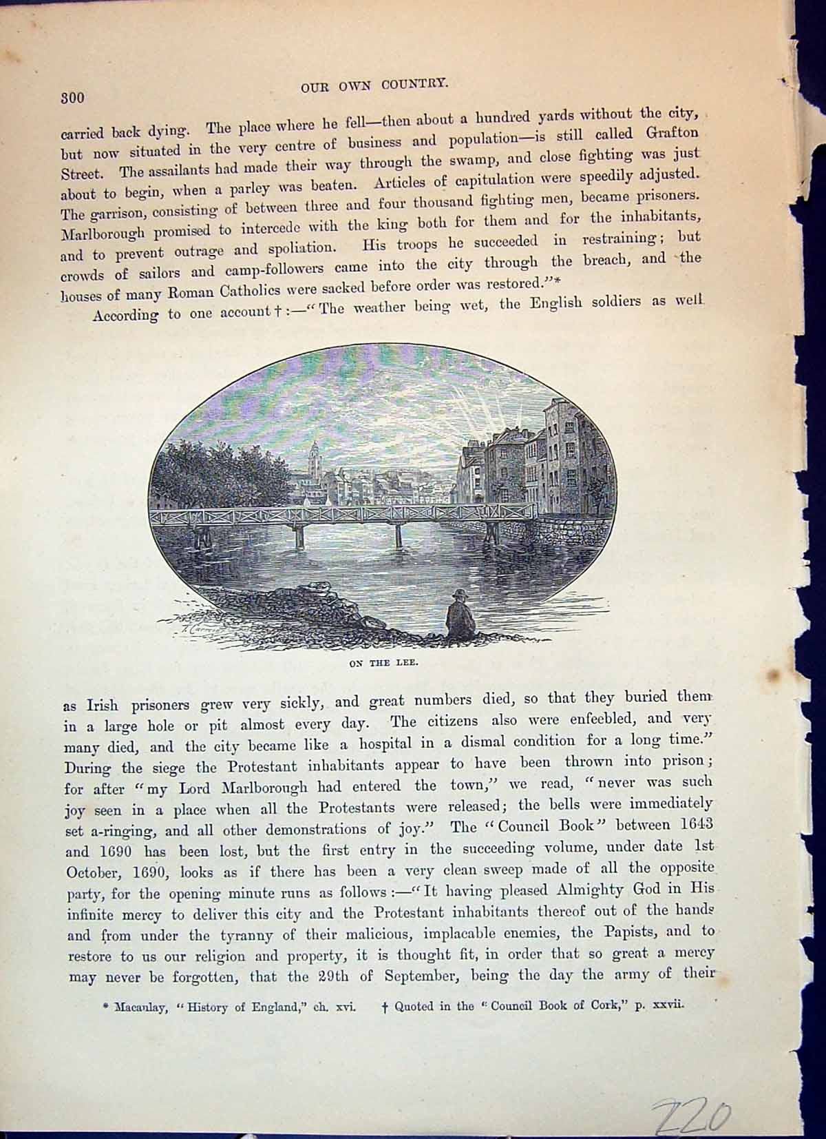 Original Old Antique Print River Lee Bridge Cork Ireland Cassell C1882 19th