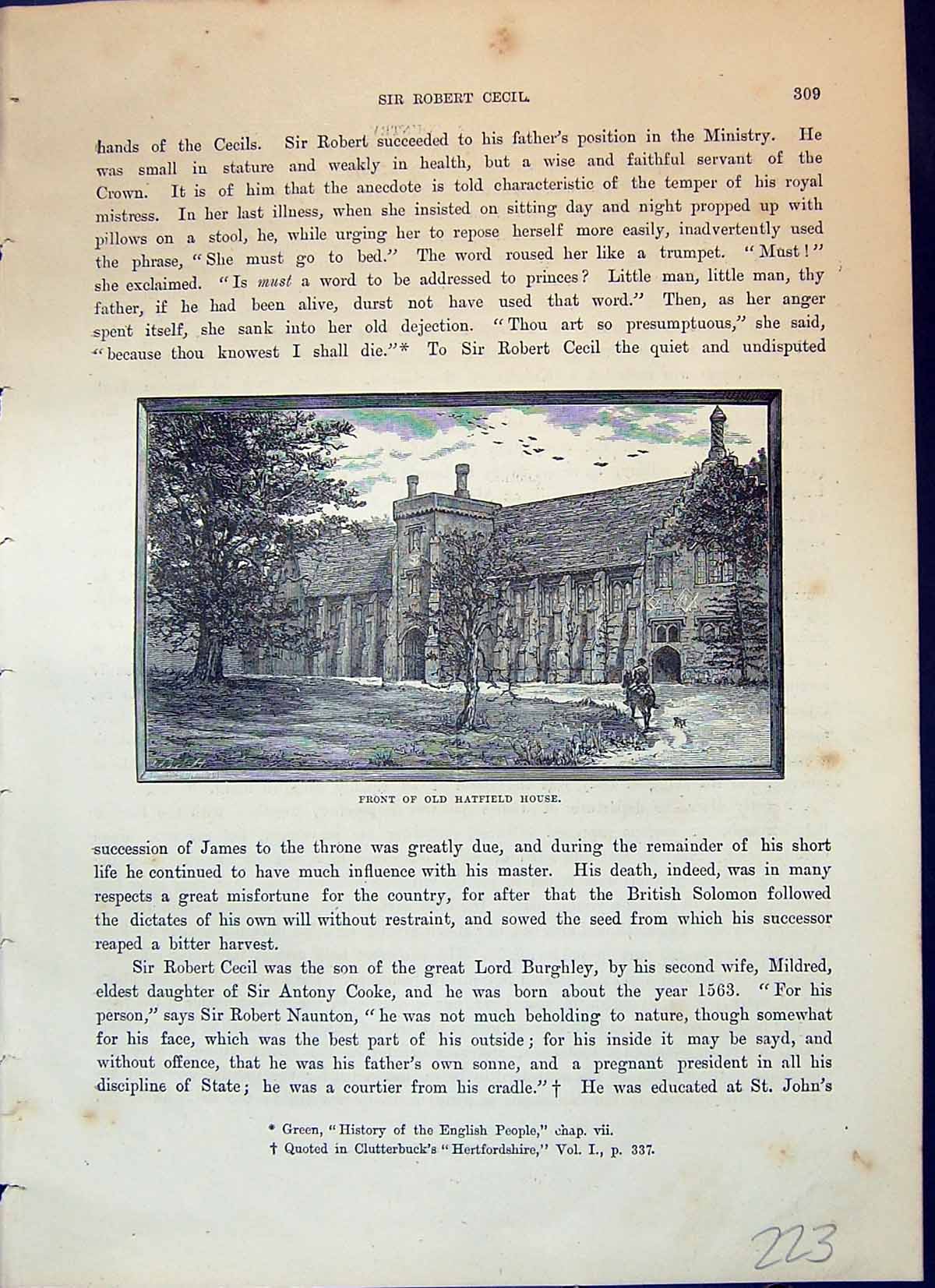 Original Old Antique Print View Front Hatfield House Architecture Cassell C1882