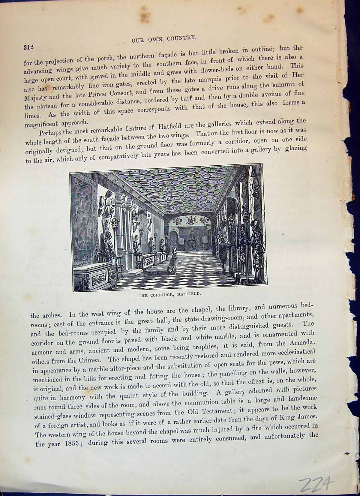 Original Old Antique Print Corridor Hatfield House Knights Armour Cassell C1882