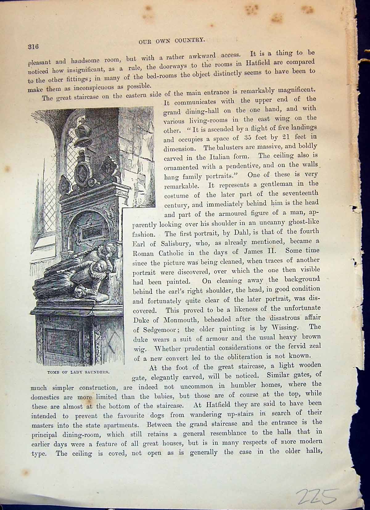 Original Old Antique Print View Tomb Lady Saunders Hatfield Cassell C1882 19th