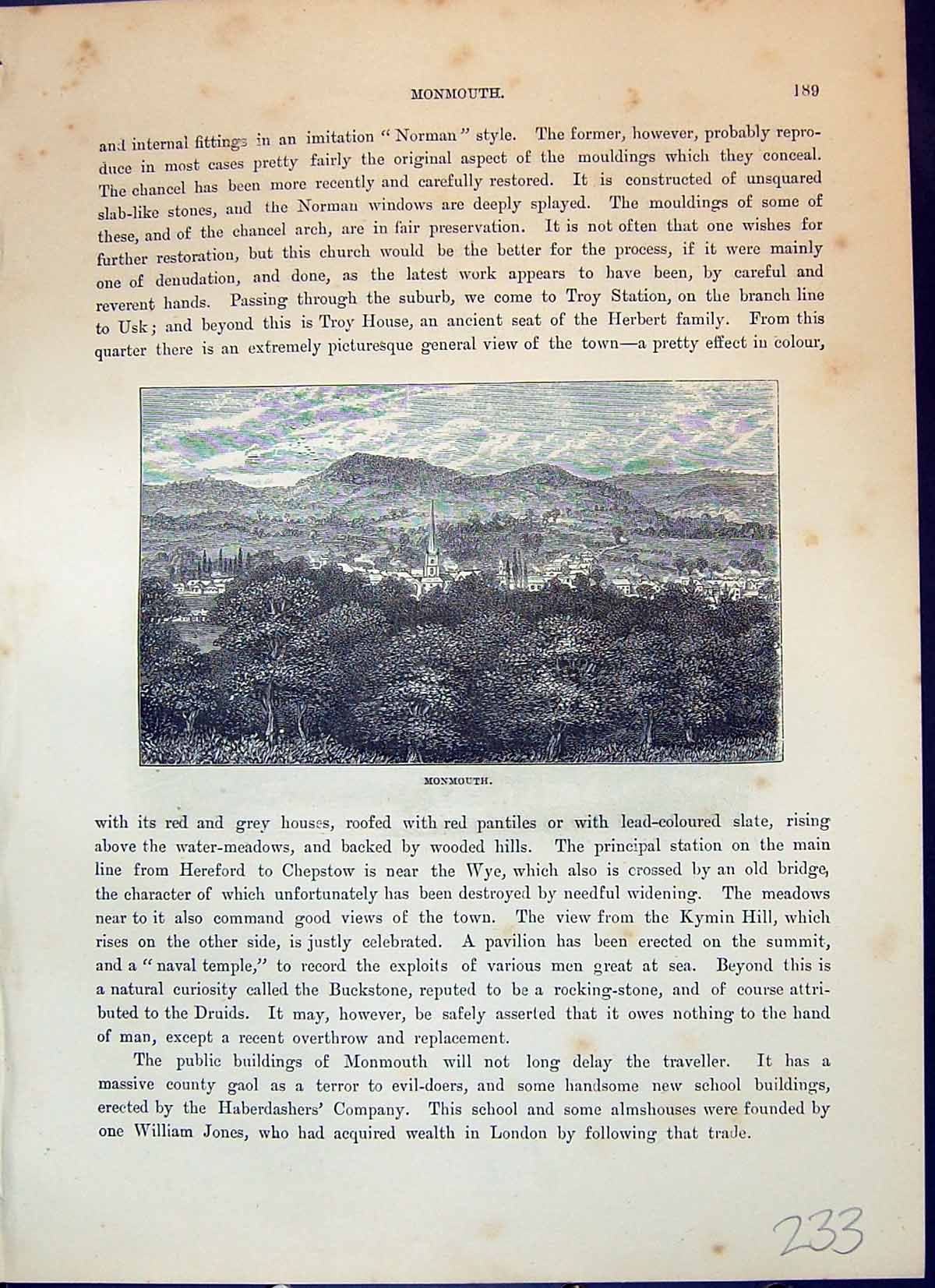 Original Old Antique Print Monmouth River Bridge Wales Cassell C1882Victorian