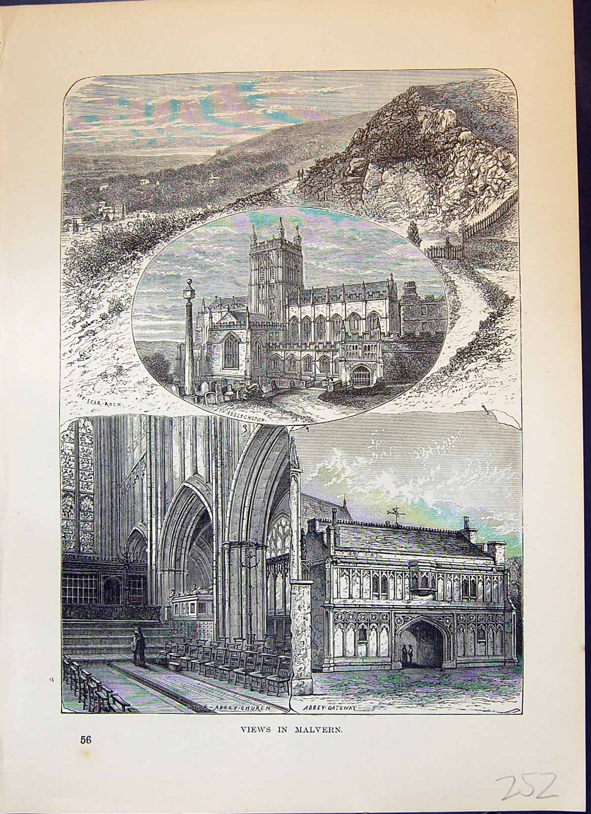 Old Antique Print Views Malvern Abbey Church Ivy Scar Rock Cassell C1882 19th