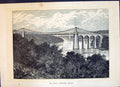 Original Old Antique Print View Menai Suspension Bridge River Cassell C1882