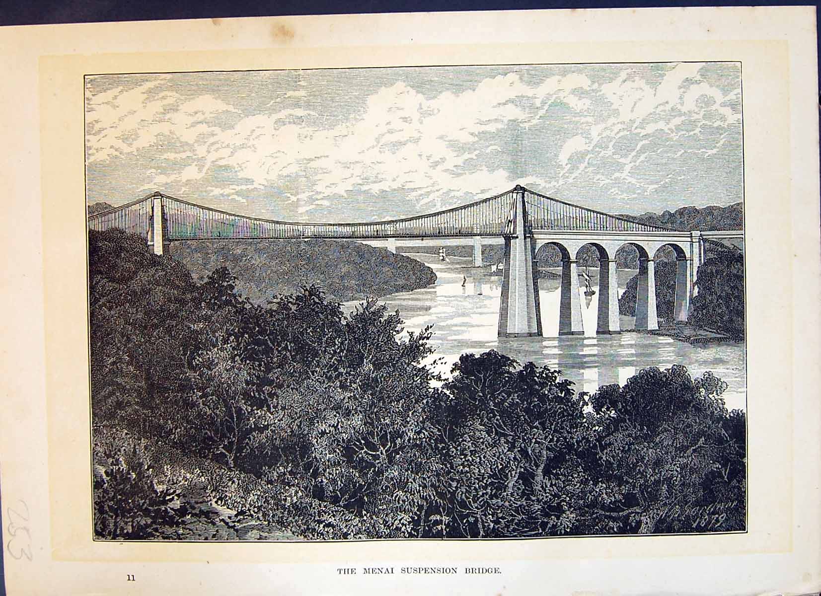 Original Old Antique Print View Menai Suspension Bridge River Cassell C1882