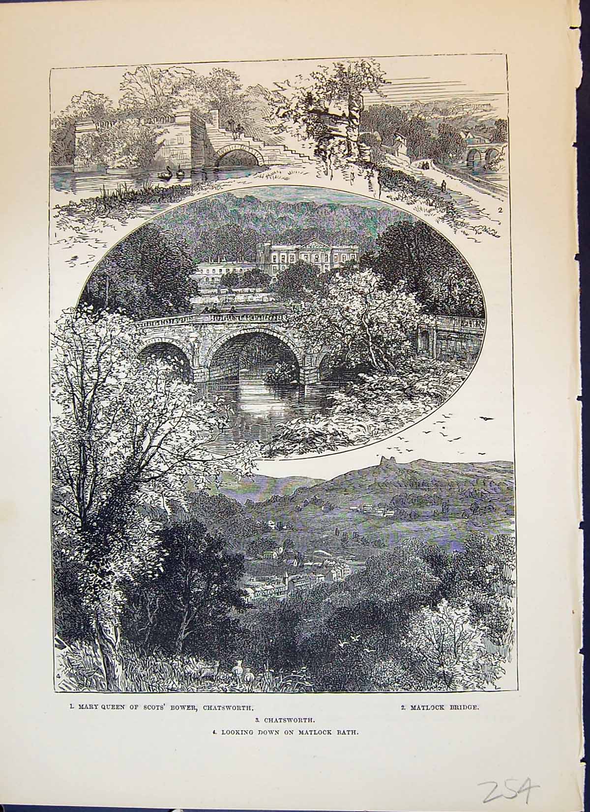 Antique Print Chatsworth Matlock Bath Mary Queen Scots Bower Cassell C1882 19th