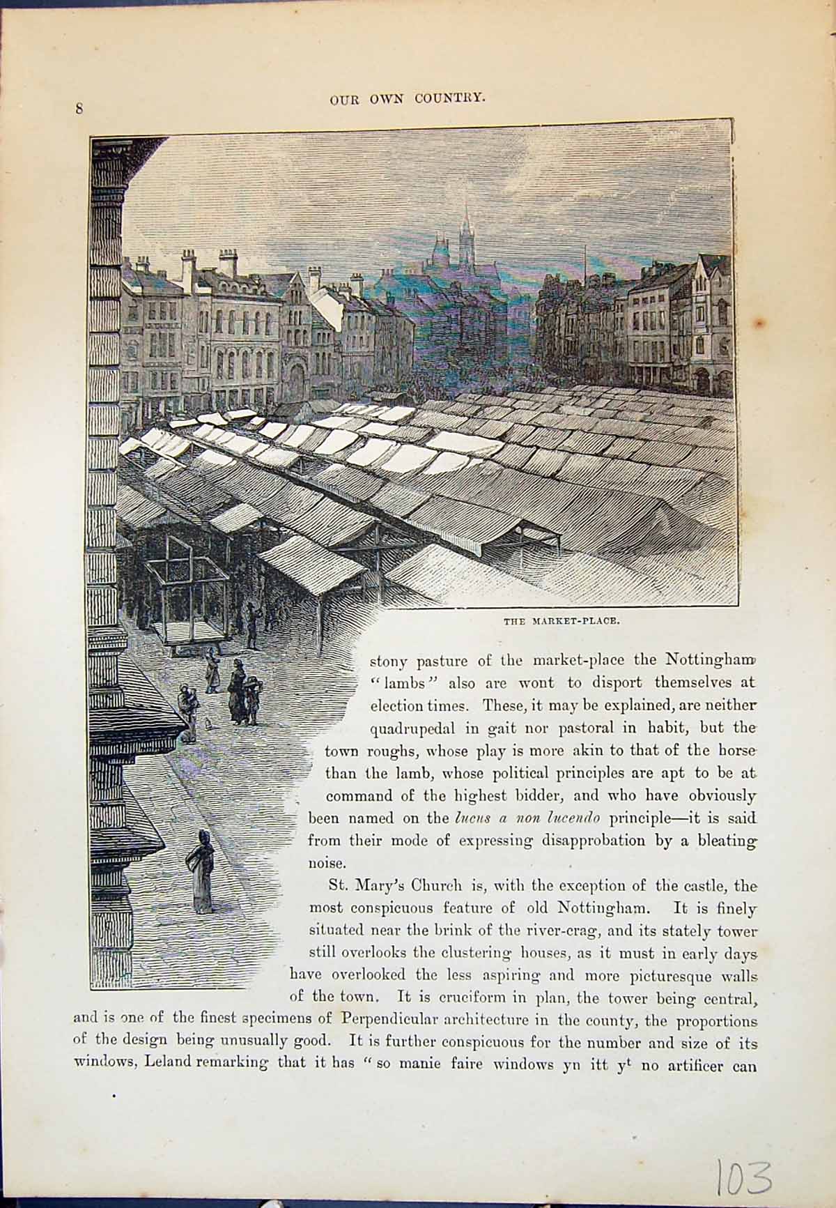 Original Old Antique Print View Market Place Nottingham England Cassell C1882