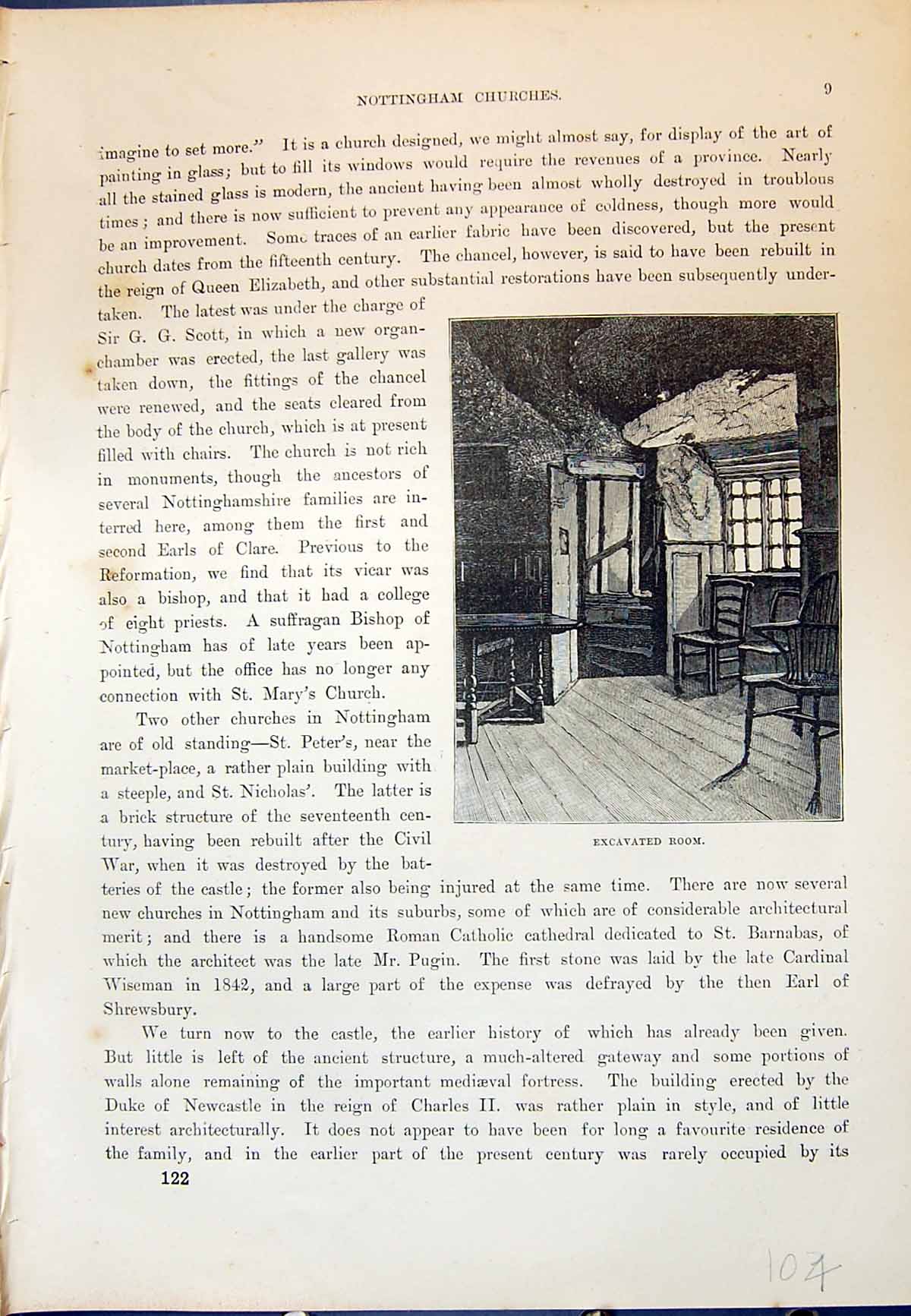 Original Old Antique Print Excavated Room Nottingham Church Cassell C1882 19th
