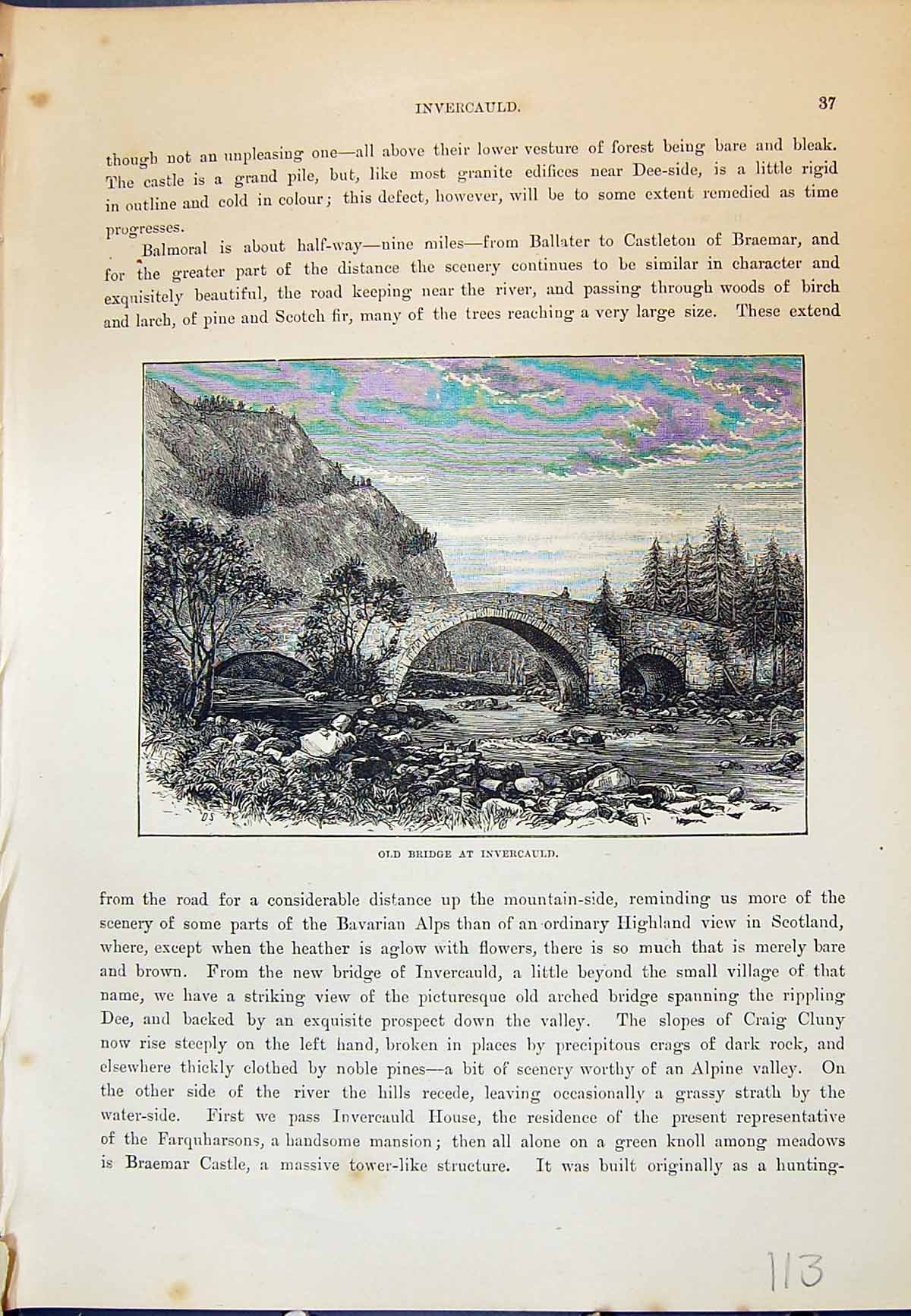 Original Old Antique Print View Bridge River Invercauld Scotland Cassell C1882