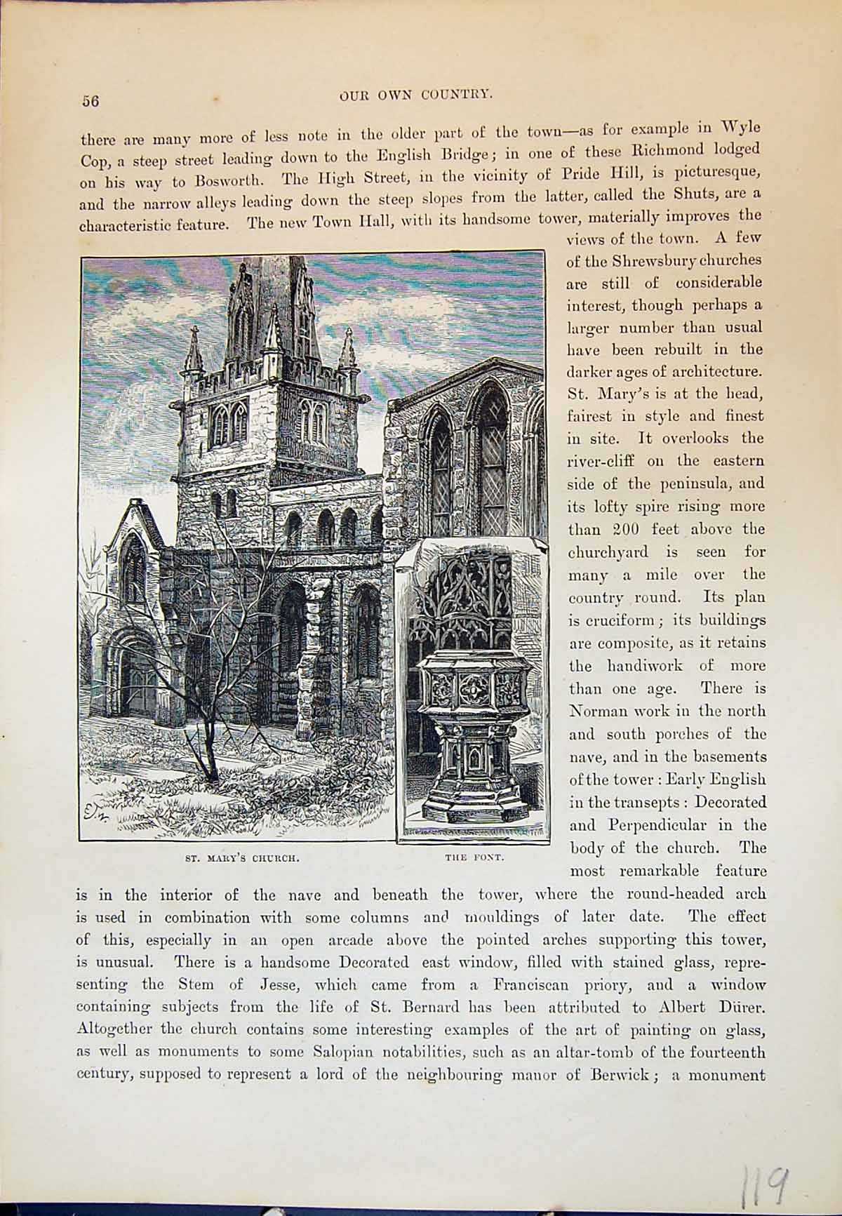 Antique Old Print Exterior St. Mary'S Church Font Architecture Cassell C1882