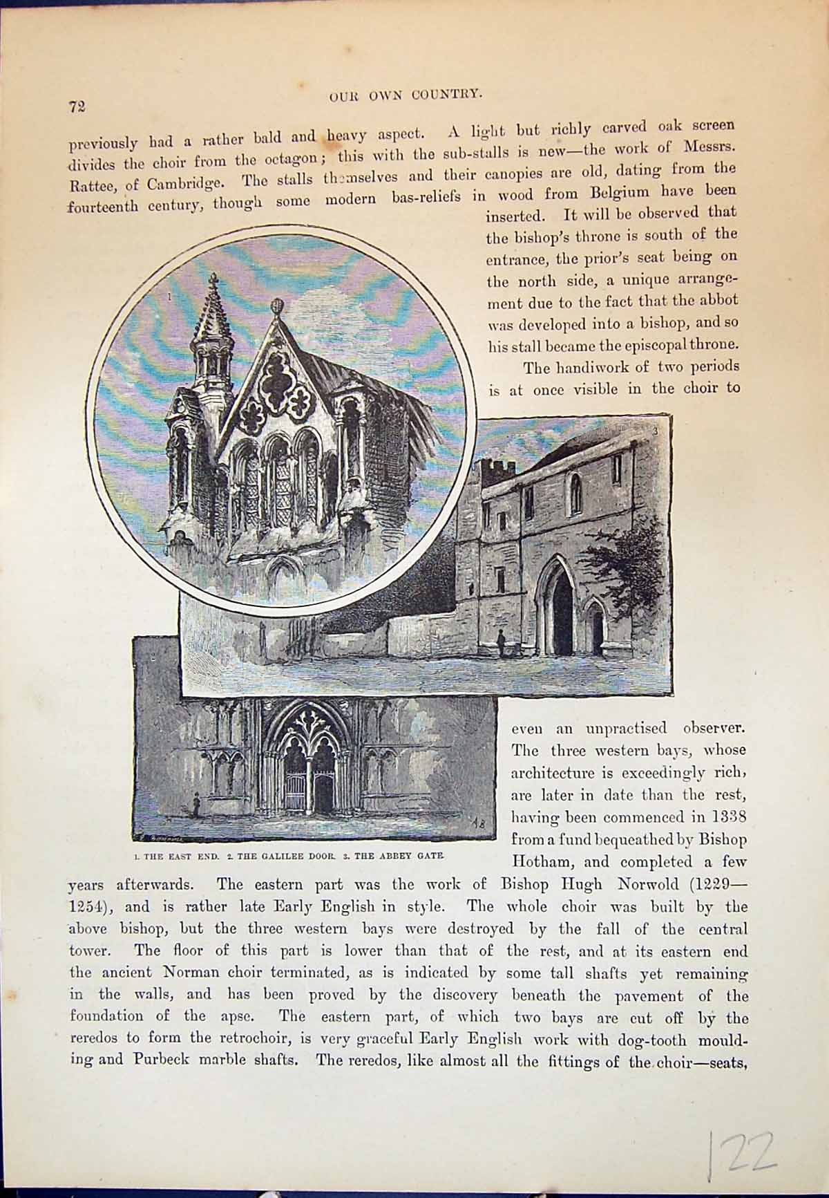 Antique Old Print East End Galilee Dorr Abbey Gate Cathedral Cassell C1882 19th