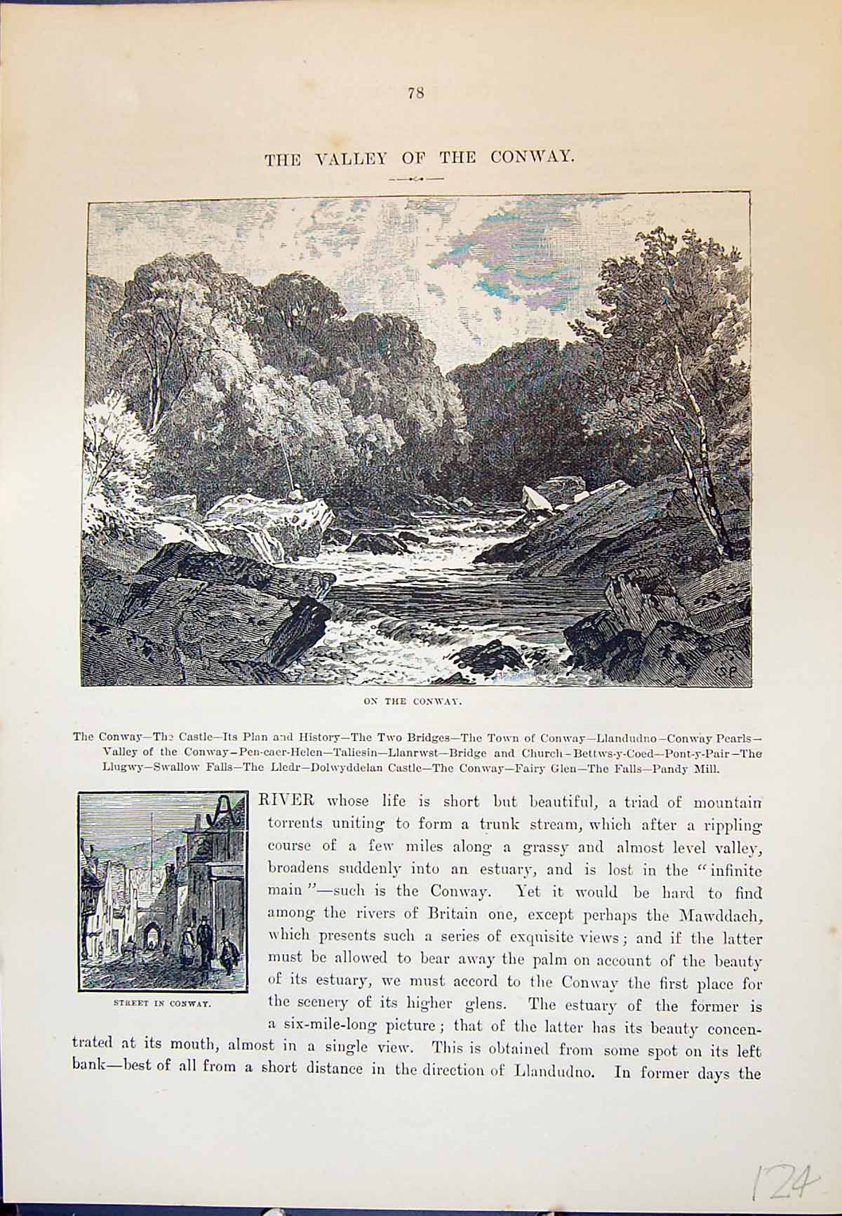 Original Old Antique Print River Conway Street Scene Wales Cassell C1882 19th
