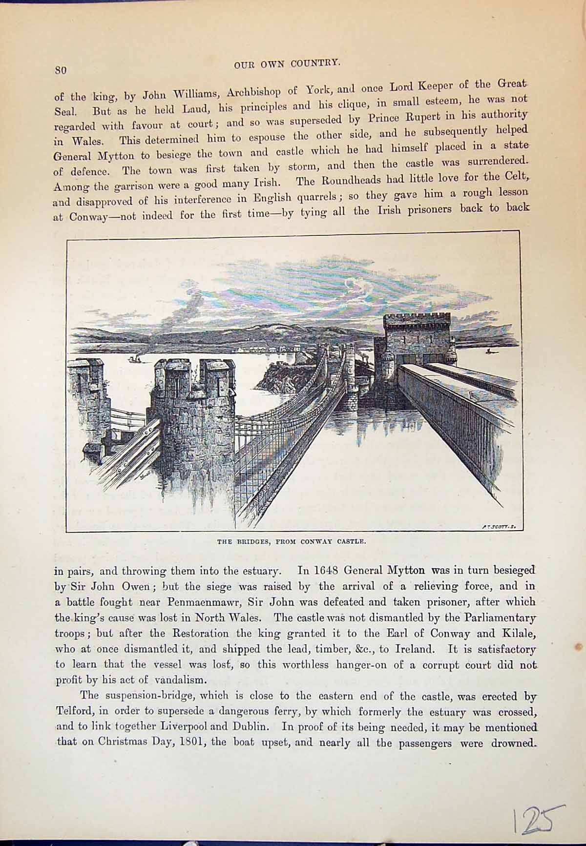 Original Old Antique Print Bridges Conway Castle Cassell C1882 19th