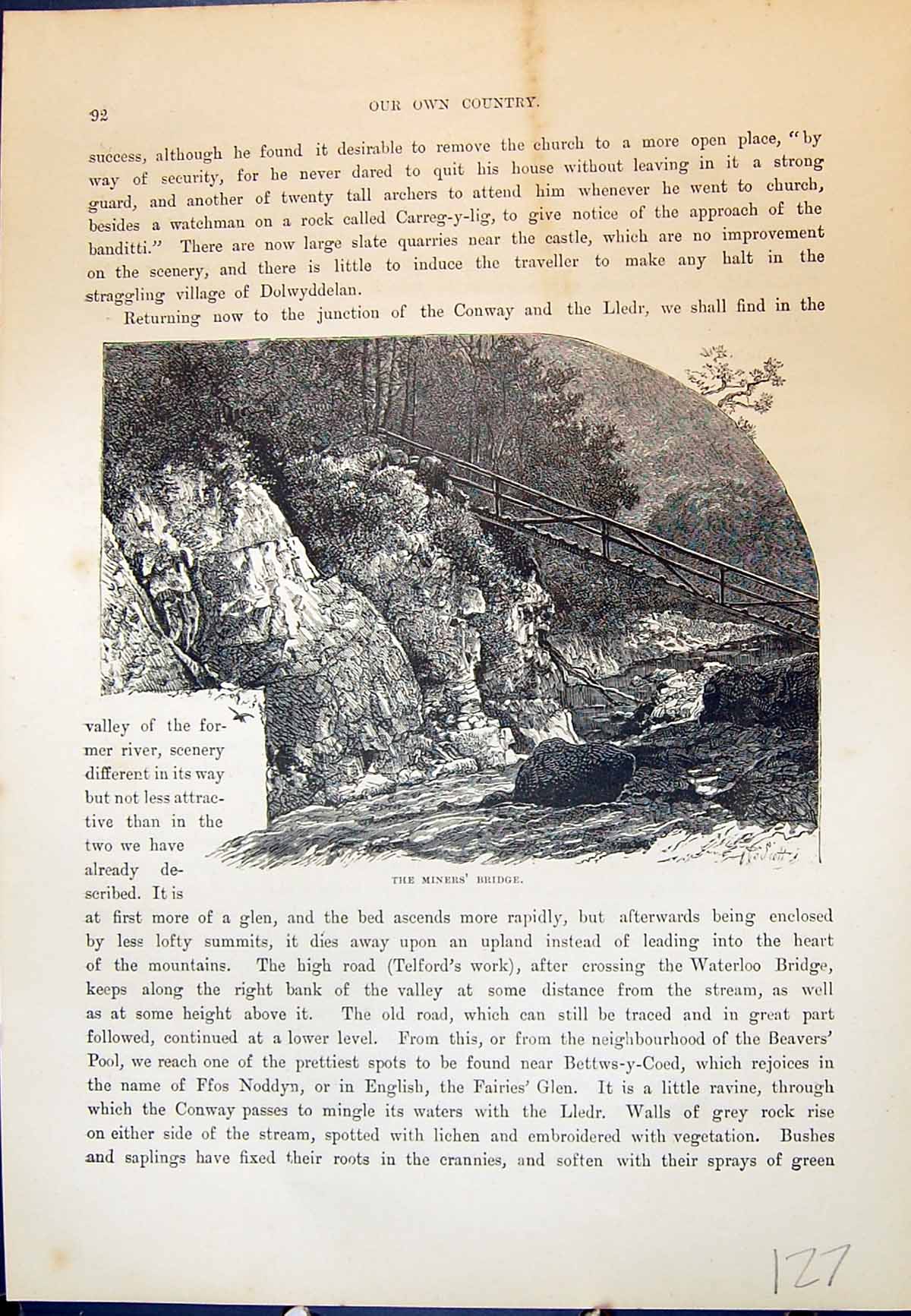Original Old Antique Print Miners Bridge River Valley Leeds Cassell C1882 19th