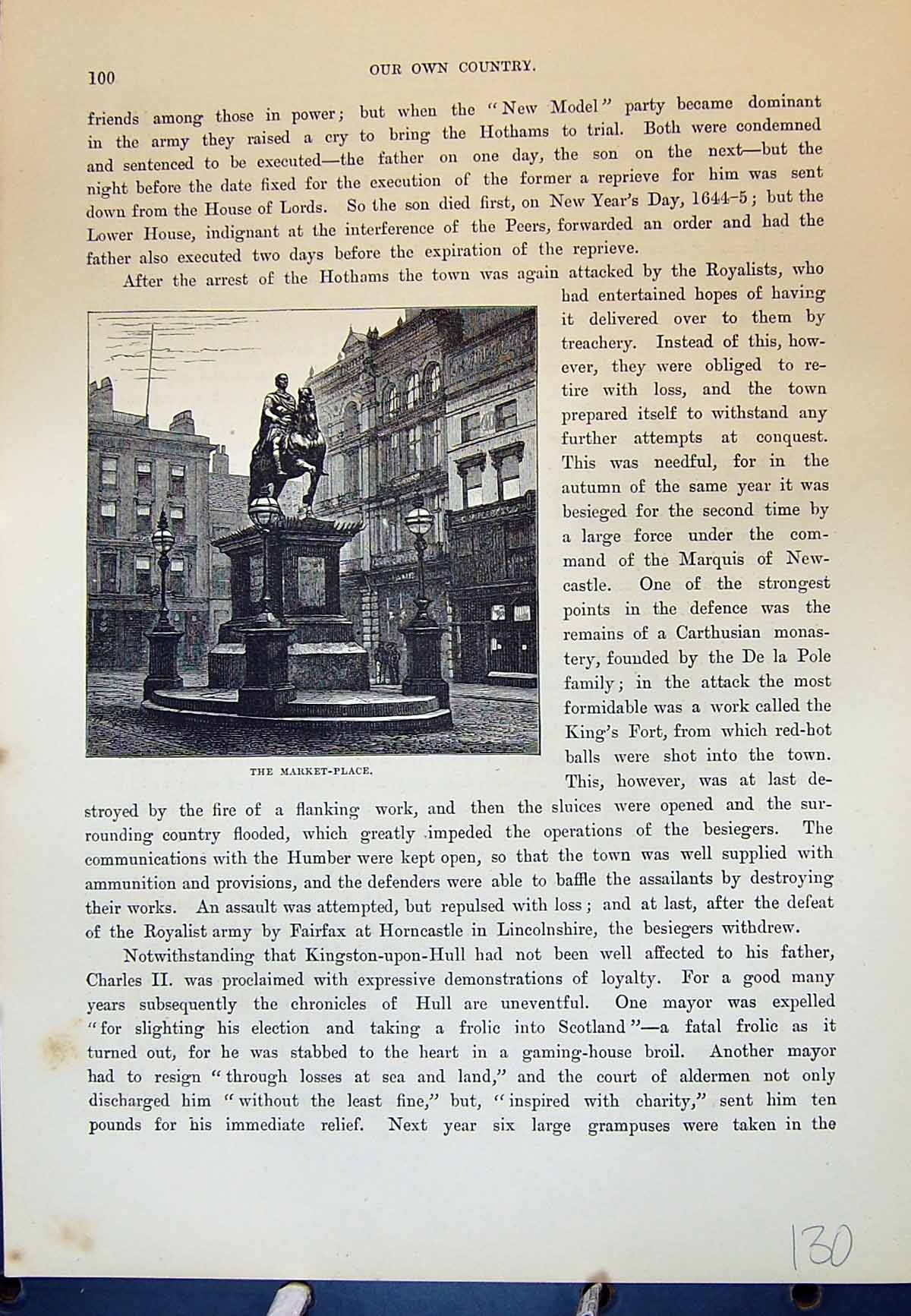 Original Old Antique Print Market Place Statue Street Scene Cassell C1882 19th