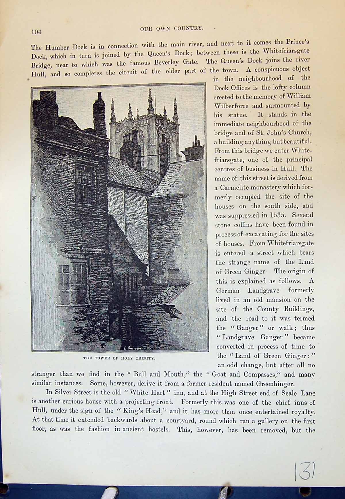Original Old Antique Print Tower Holy Trinity Hull England Cassell C1882 19th