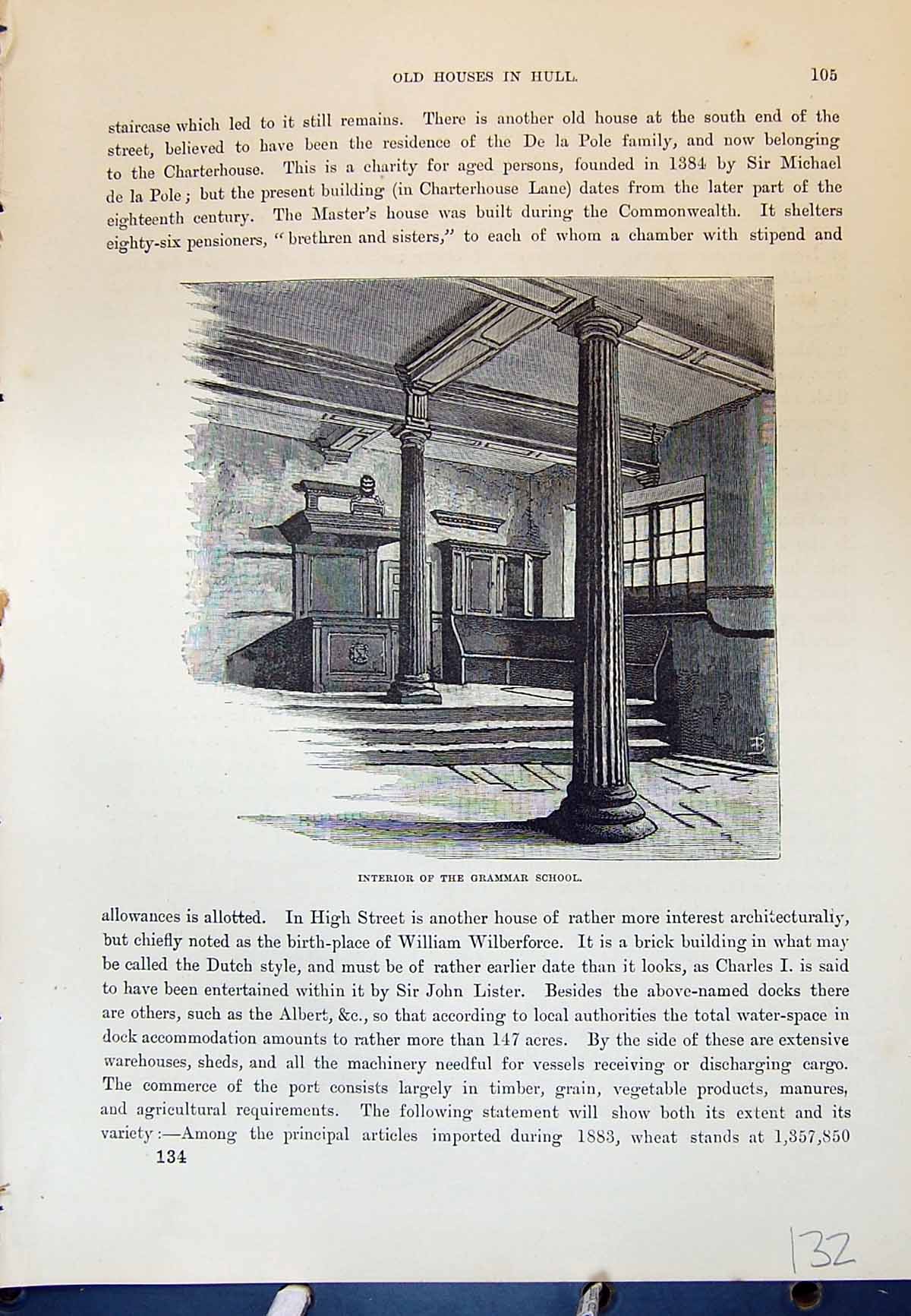 Original Old Antique Print Interior Grammar School Hull England Cassell C1882