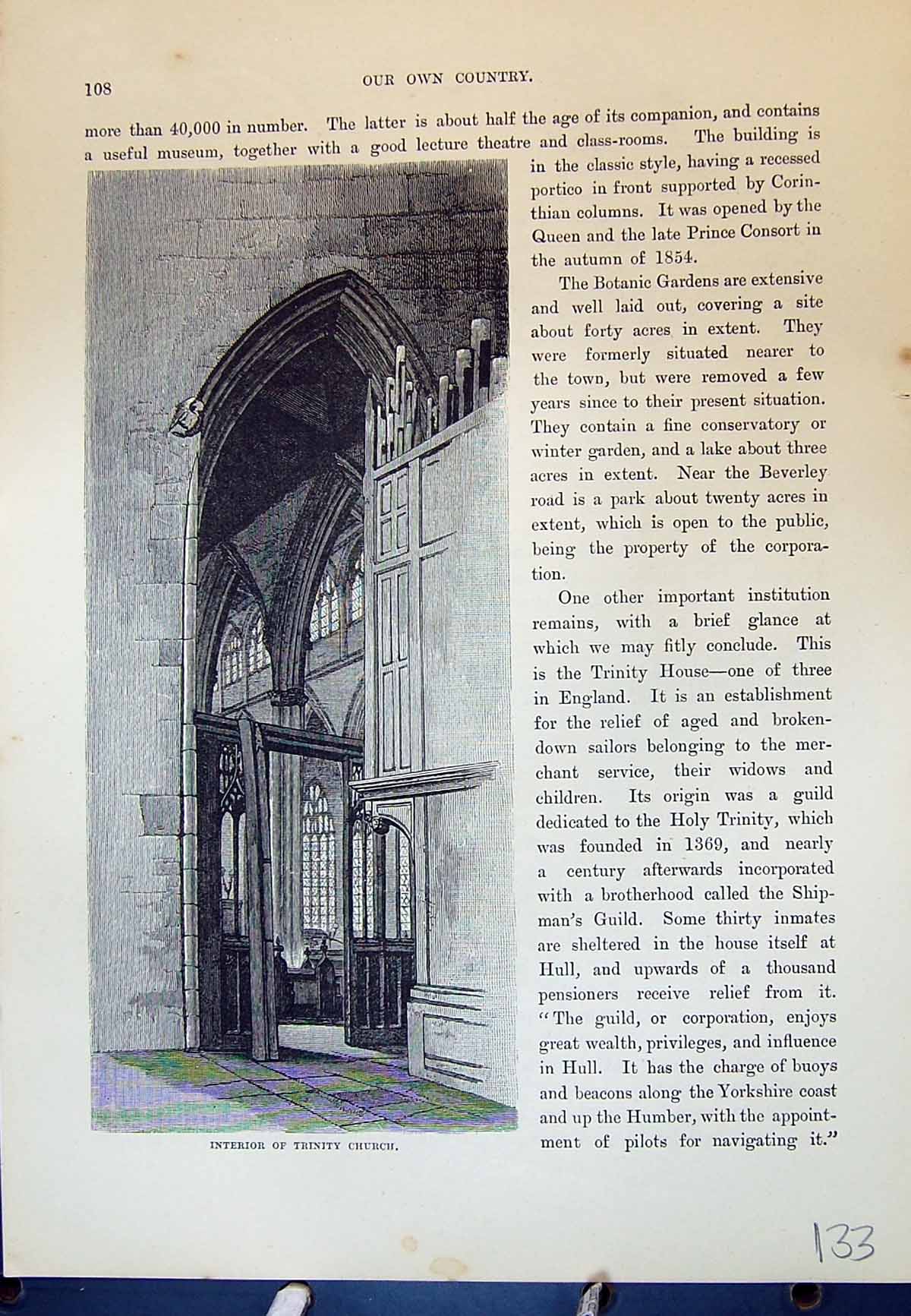 Original Old Antique Print Interior Trinity Church Hull England Cassell C1882
