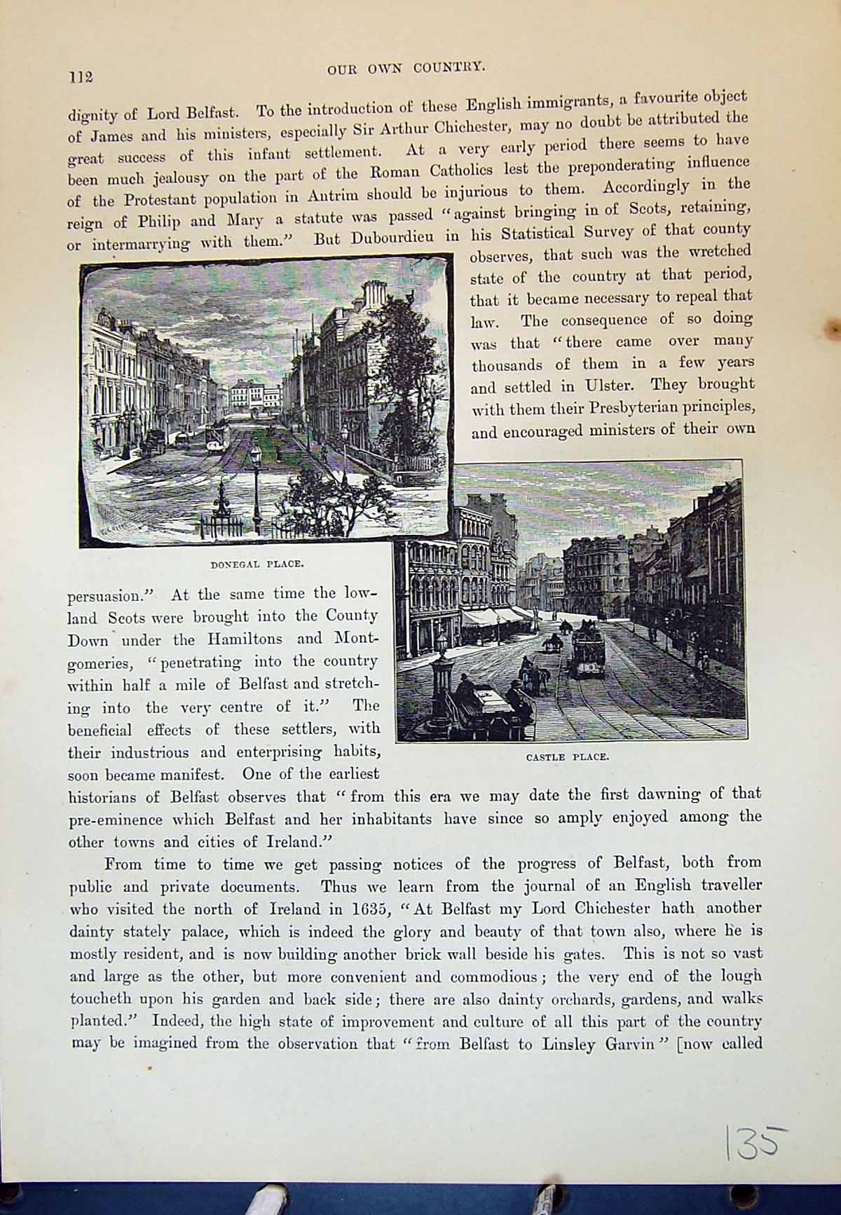 Original Old Antique Print Donegal Castle Place Belfast Ireland Cassell C1882