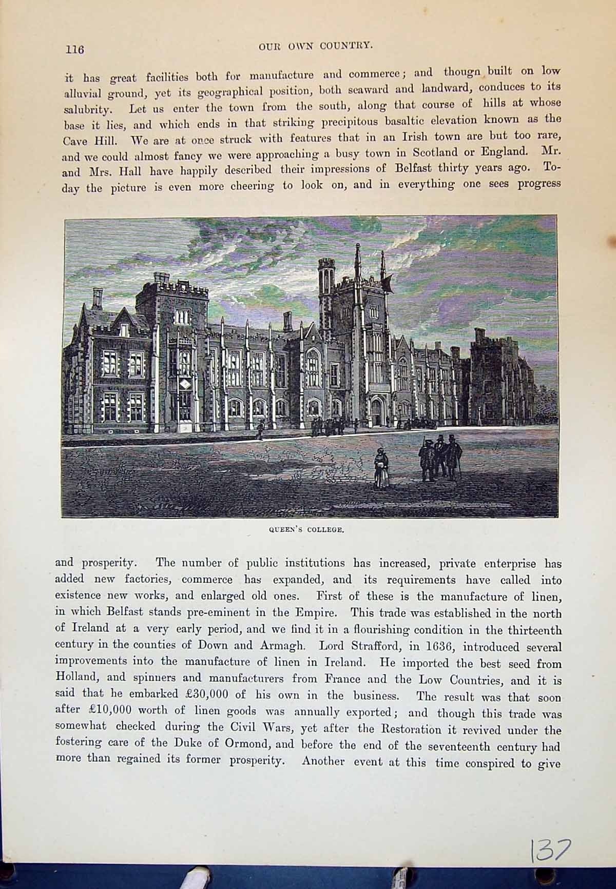 Original Old Antique Print Queen'S College Building Architecture Cassell C1882