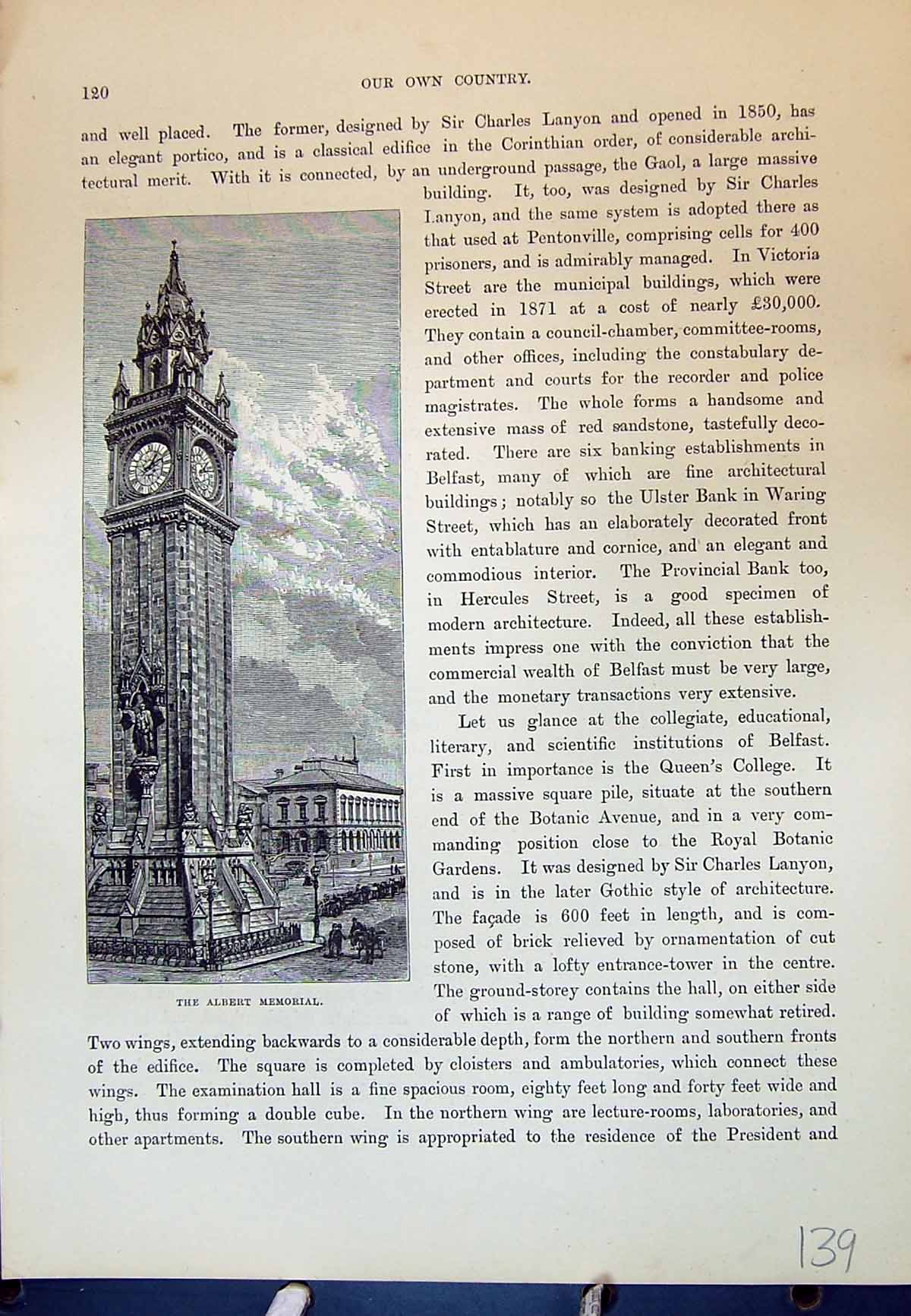 Original Old Antique Print Albert Memorial Belfast Ireland Cassell C1882 19th