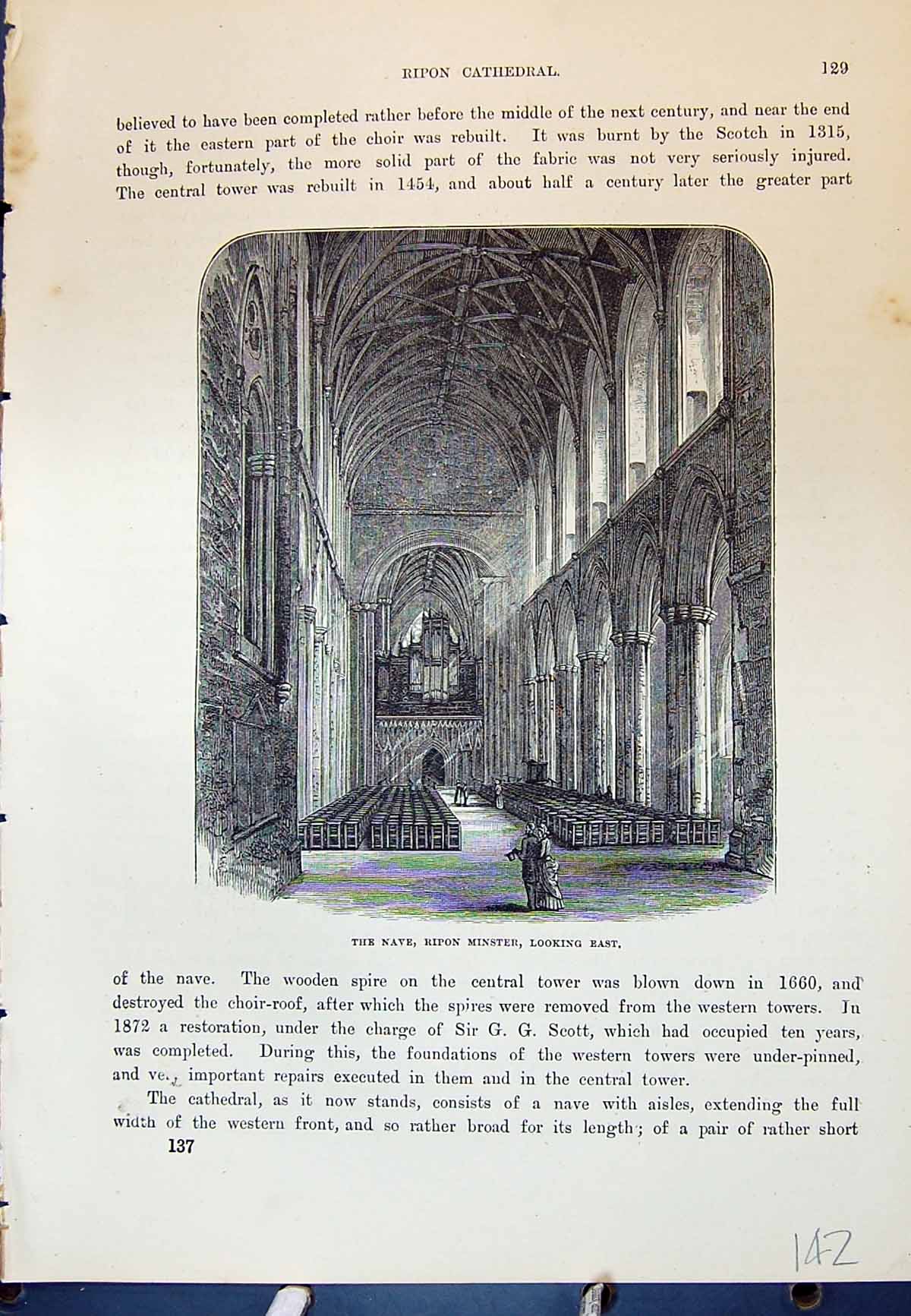 Old Antique Print Ripon Cathedral Nave Minster Architecture Cassell C1882 19th