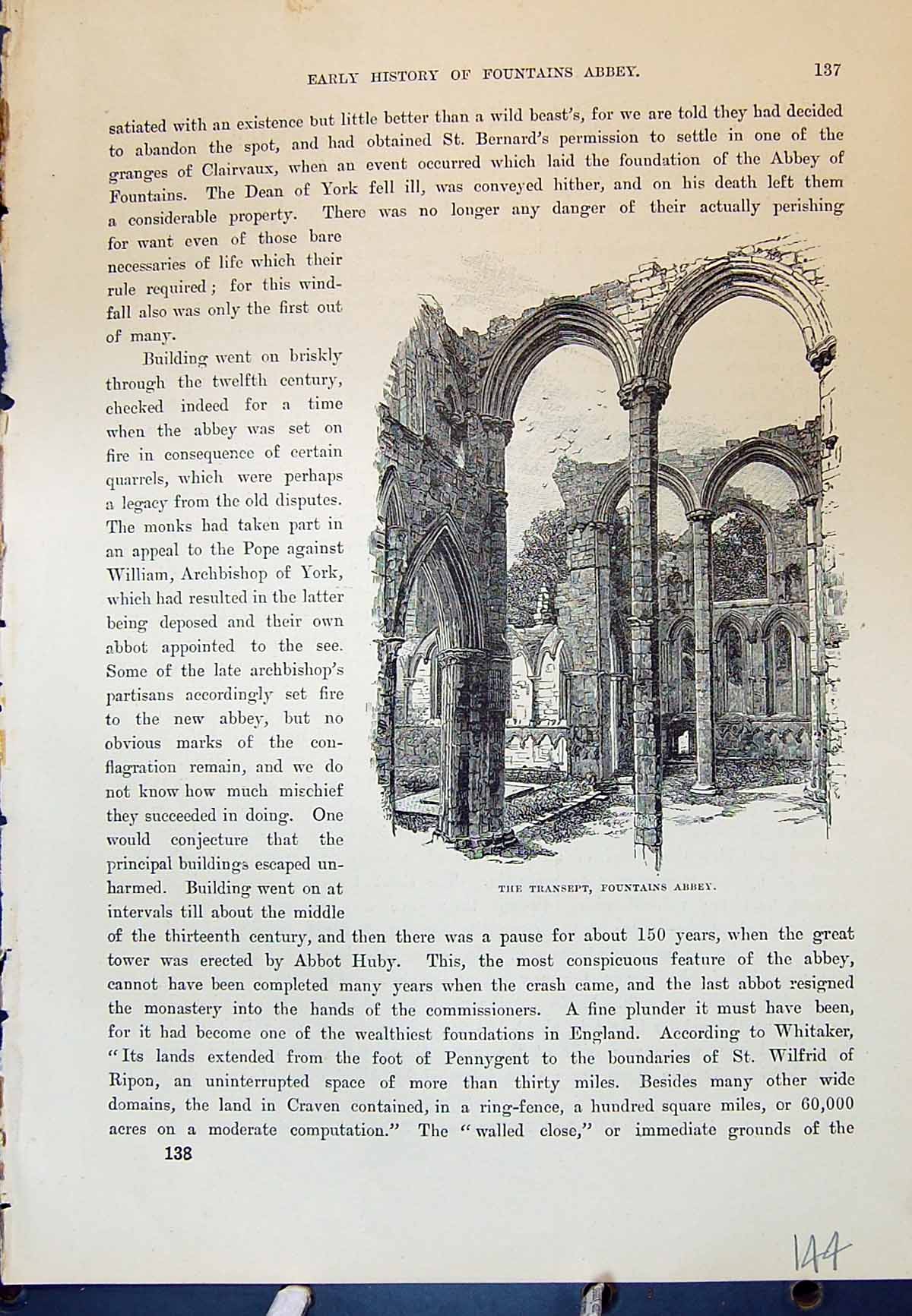 Original Old Antique Print Transept Fountains Abbey Ripon England Cassell C1882