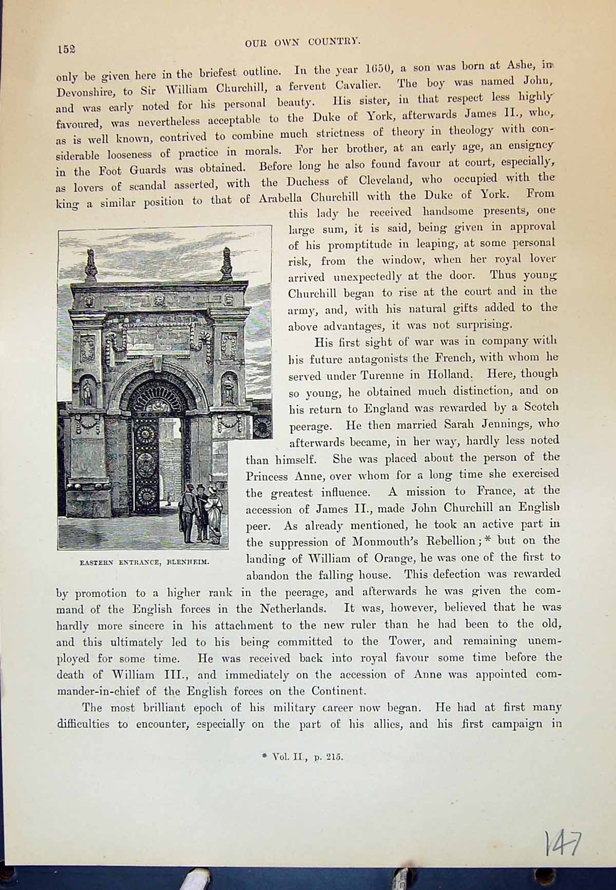 Old Antique Print Eastern Entrance Belnheim Palace England Cassell C1882 19th