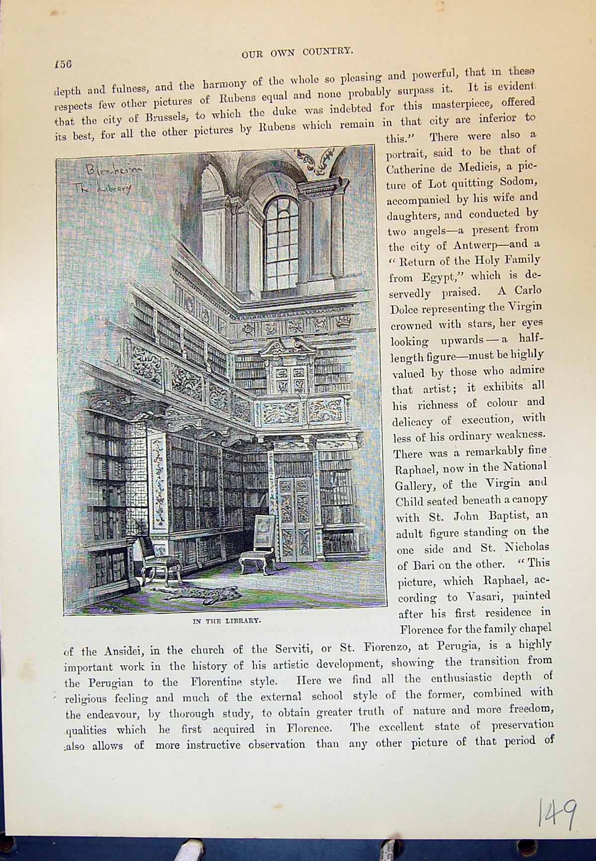 Original Old Antique Print Blenheim Palace England Library Cassell C1882 19th