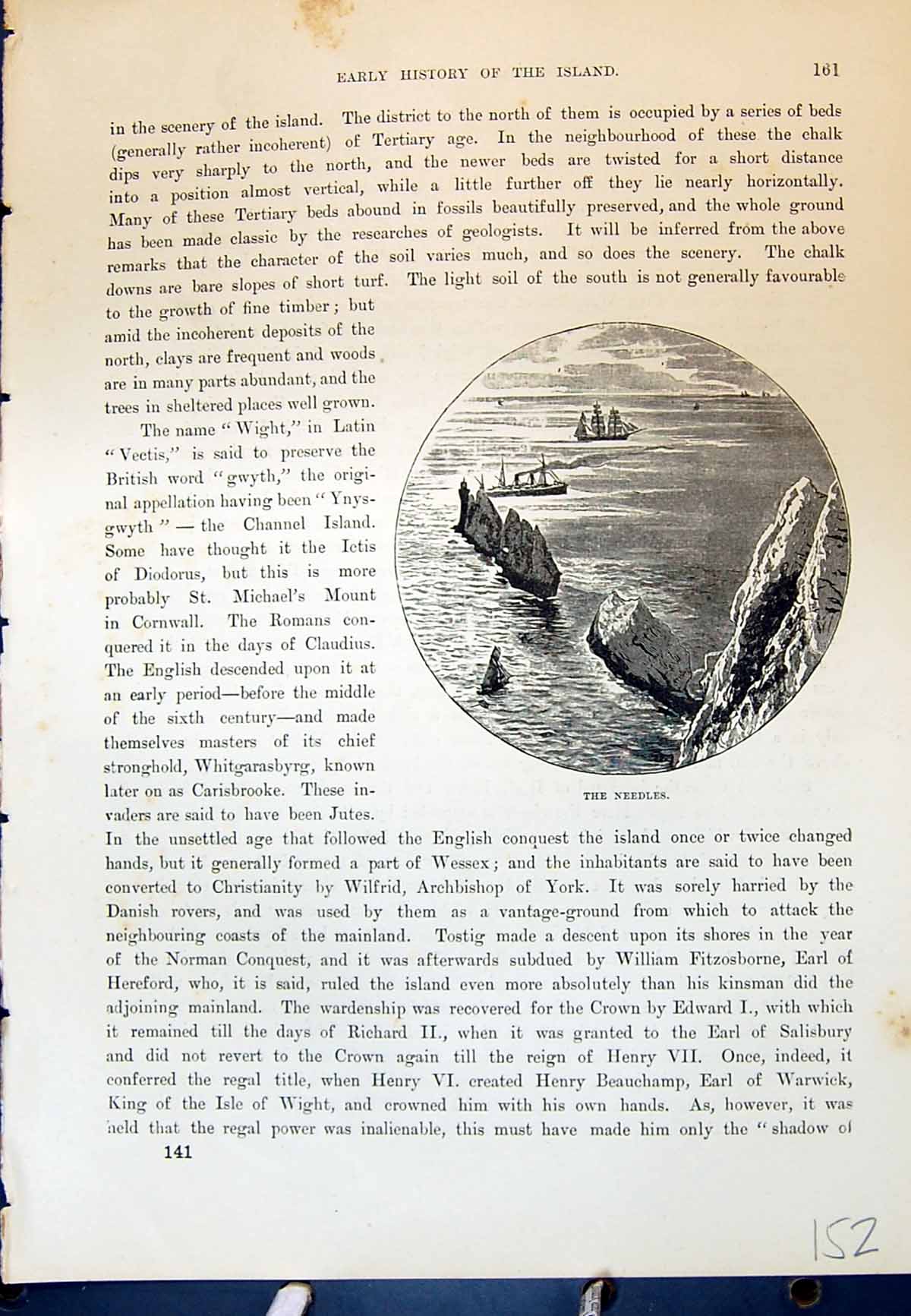 Original Old Antique Print Needles Isle Wight Ships Cassell C1882 Victorian