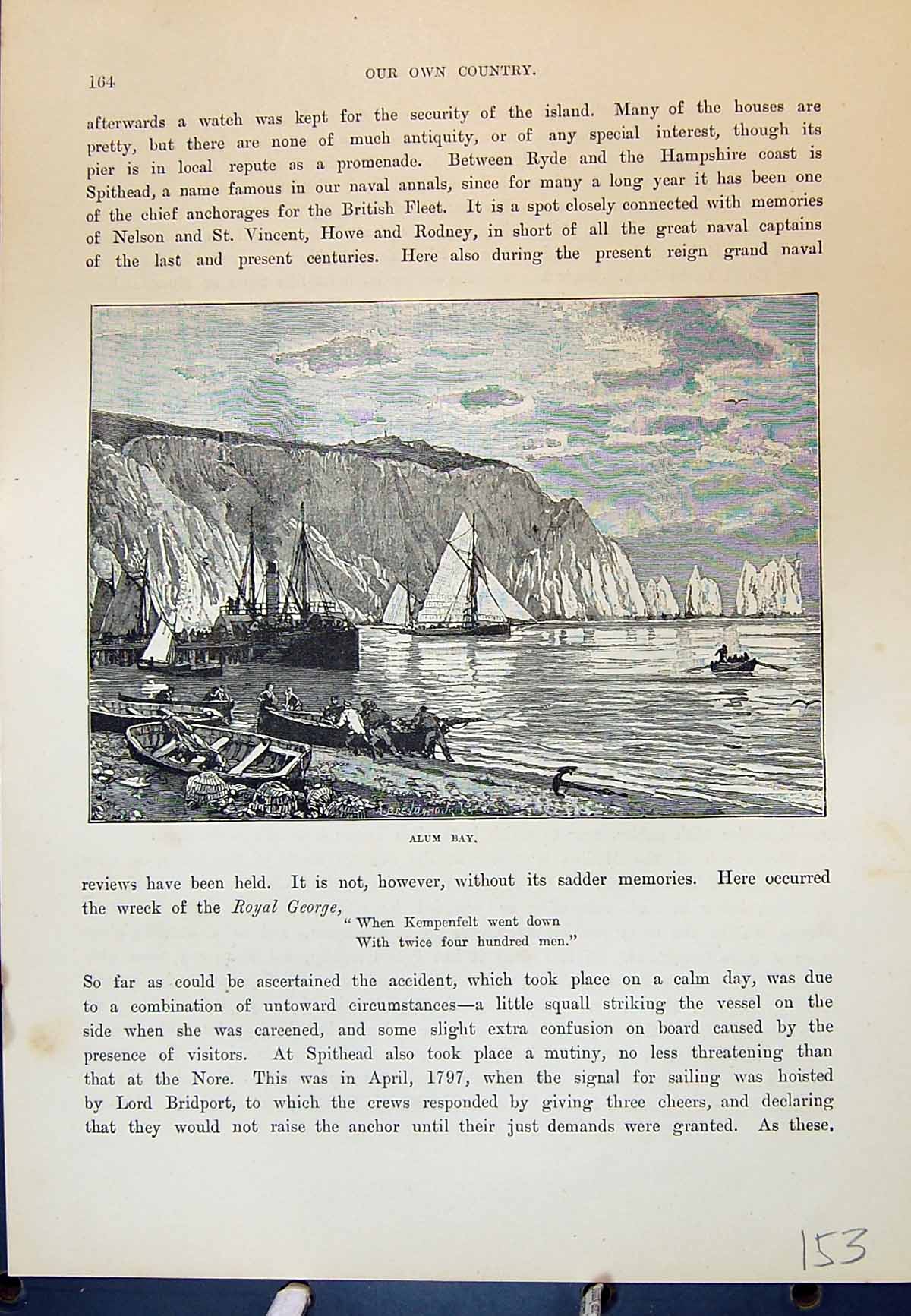 Original Old Antique Print Alum Bay Wreck Royal George Ship Cassell C1882 19th