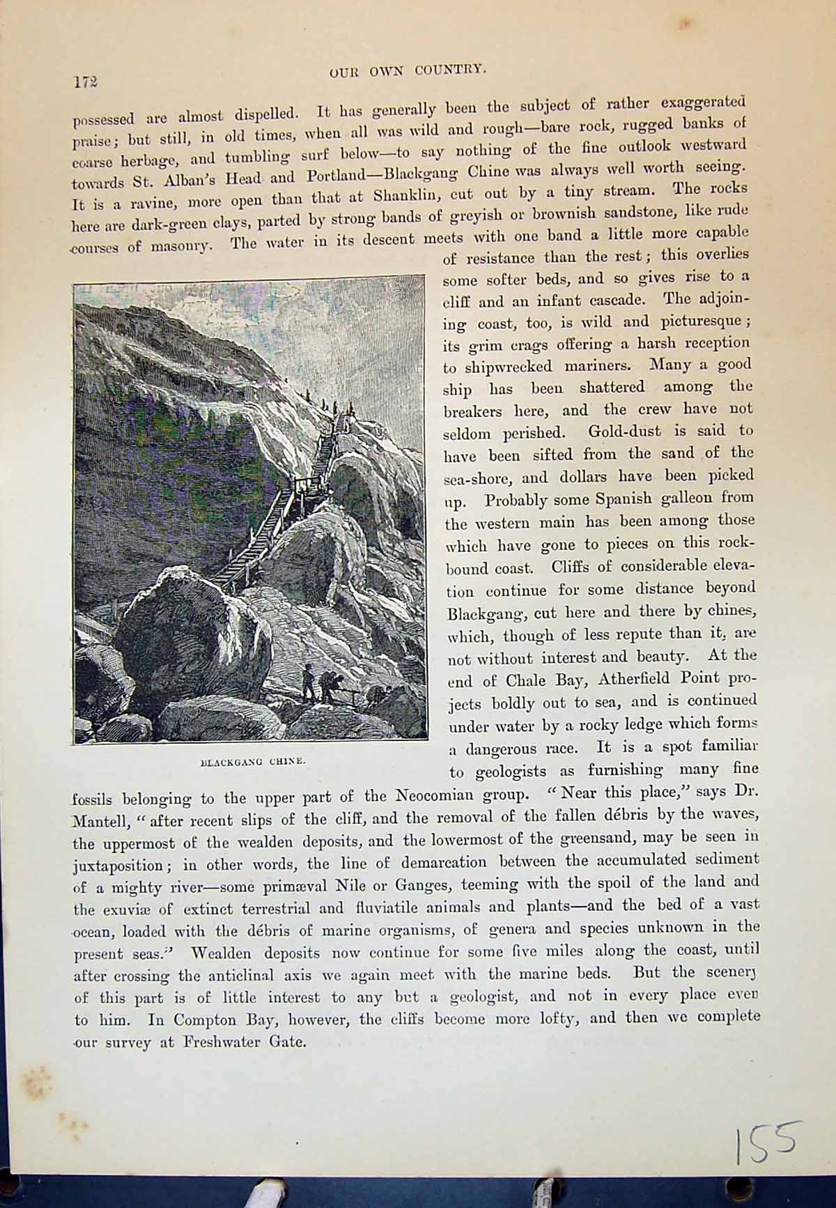 Original Old Antique Print View Blackgang Chine Steps Cliff Cassell C1882 19th