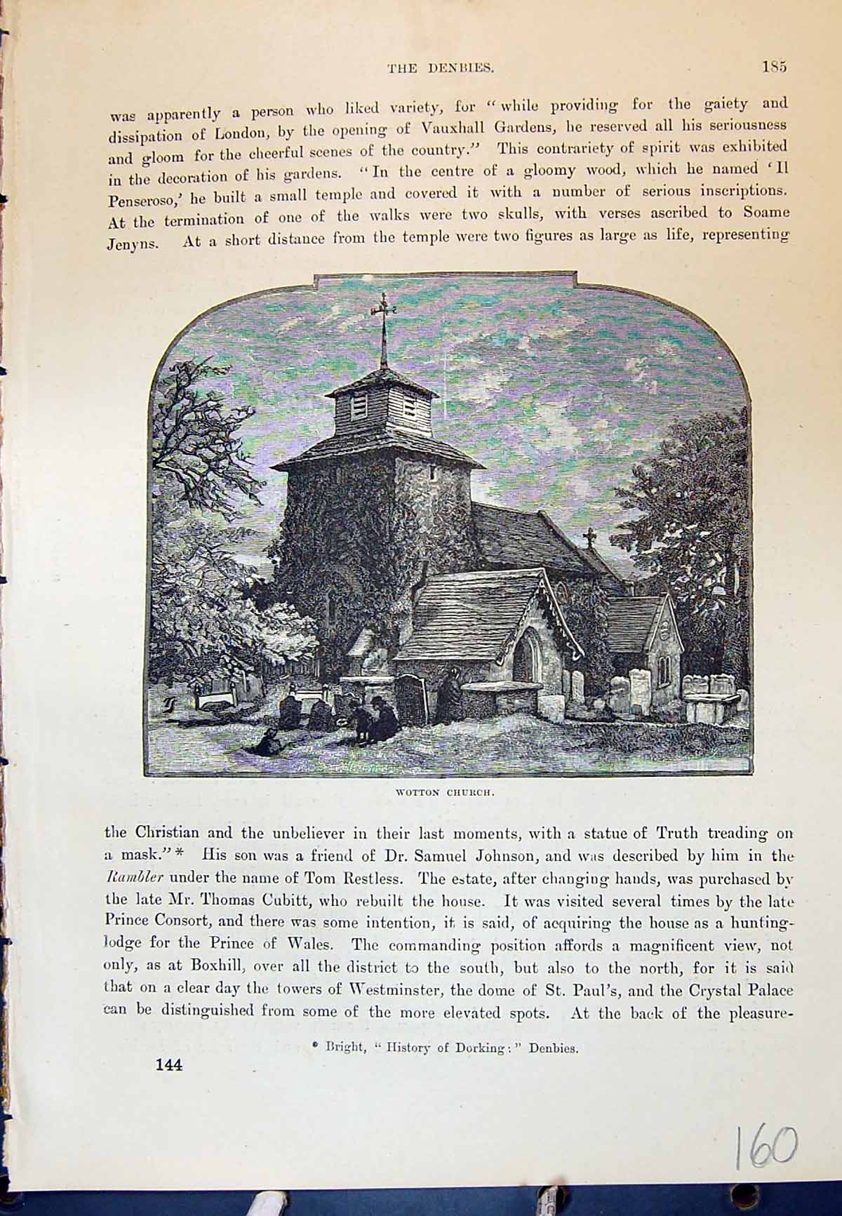 Original Old Antique Print Wotton Church Architecture Cassell C1882 Victorian