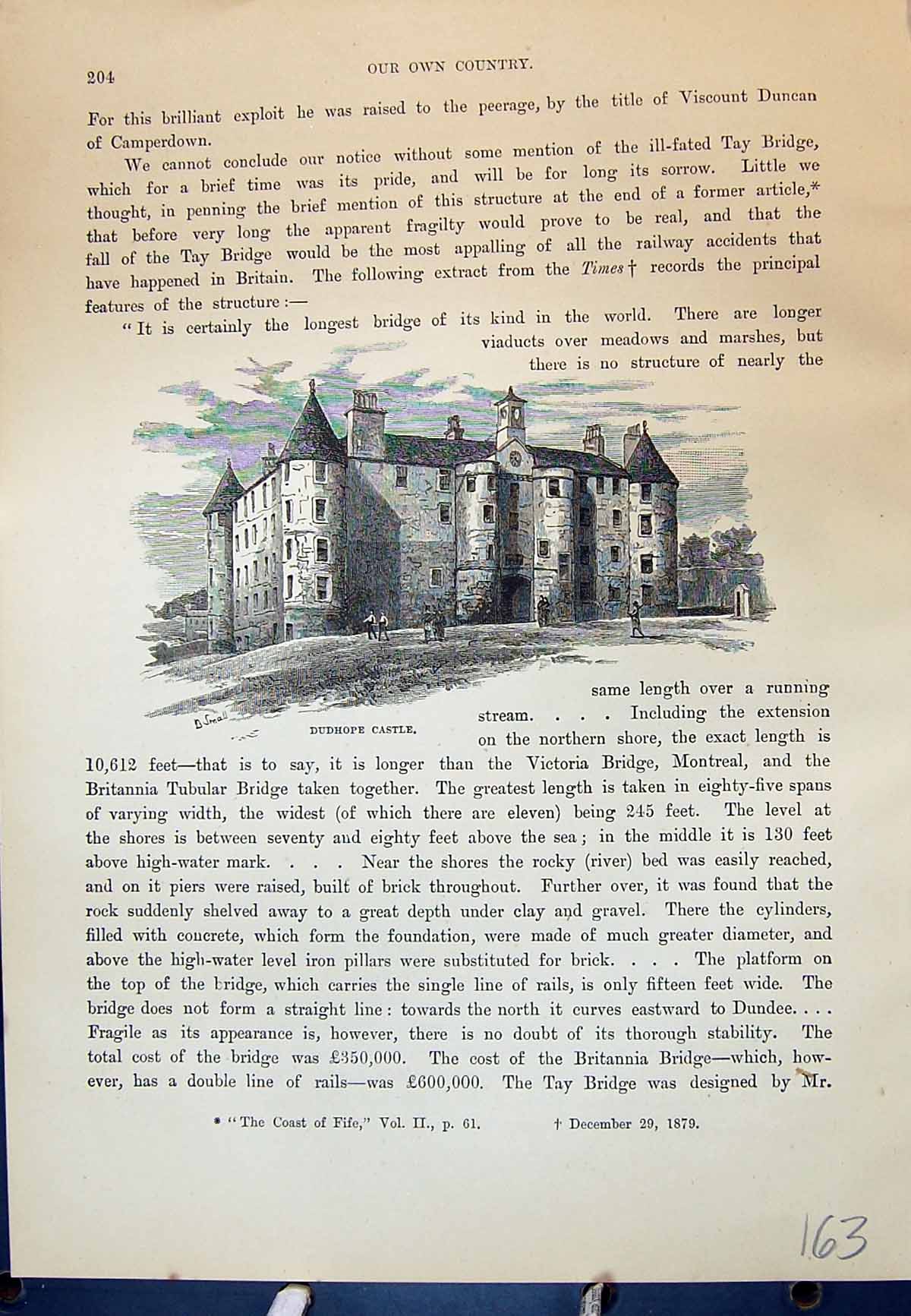 Original Old Antique Print Dudhope Castle Dundee Architecture Cassell C1882