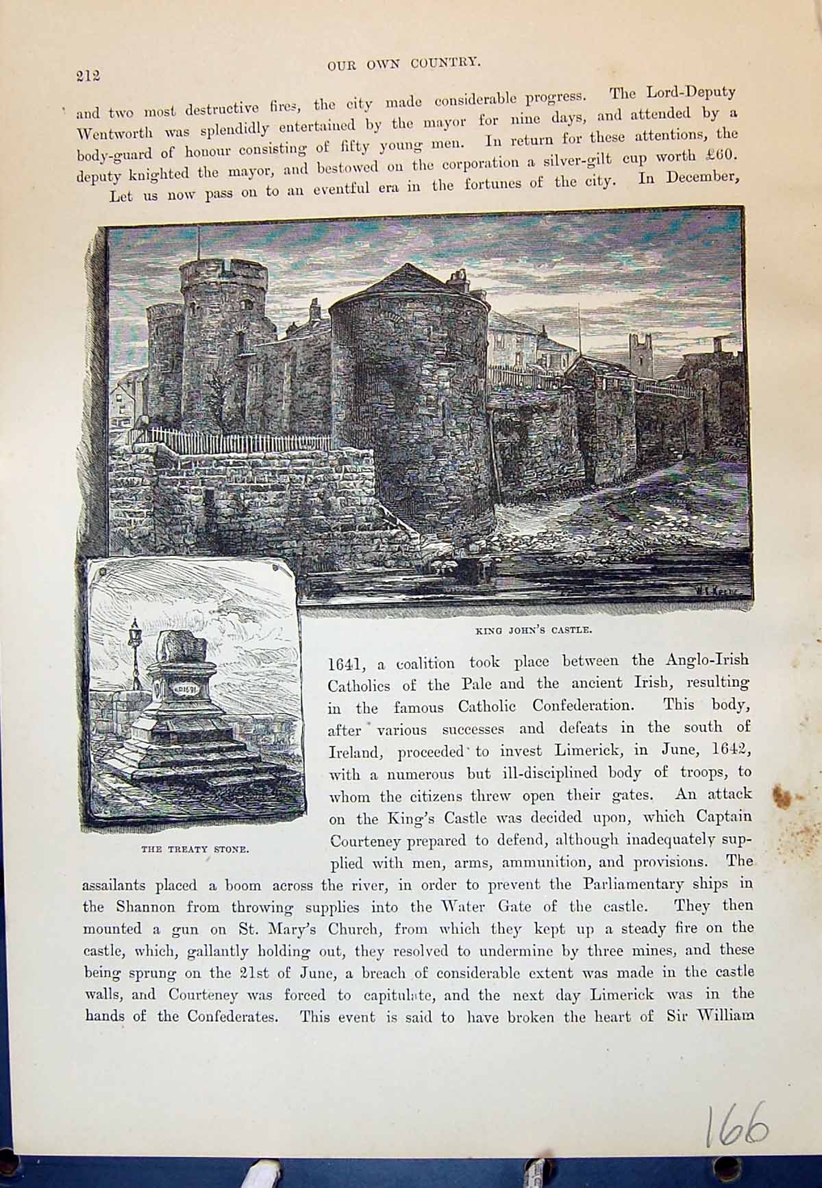Old Antique Print King John'S Castle Treaty Stone Ireland Cassell C1882 19th