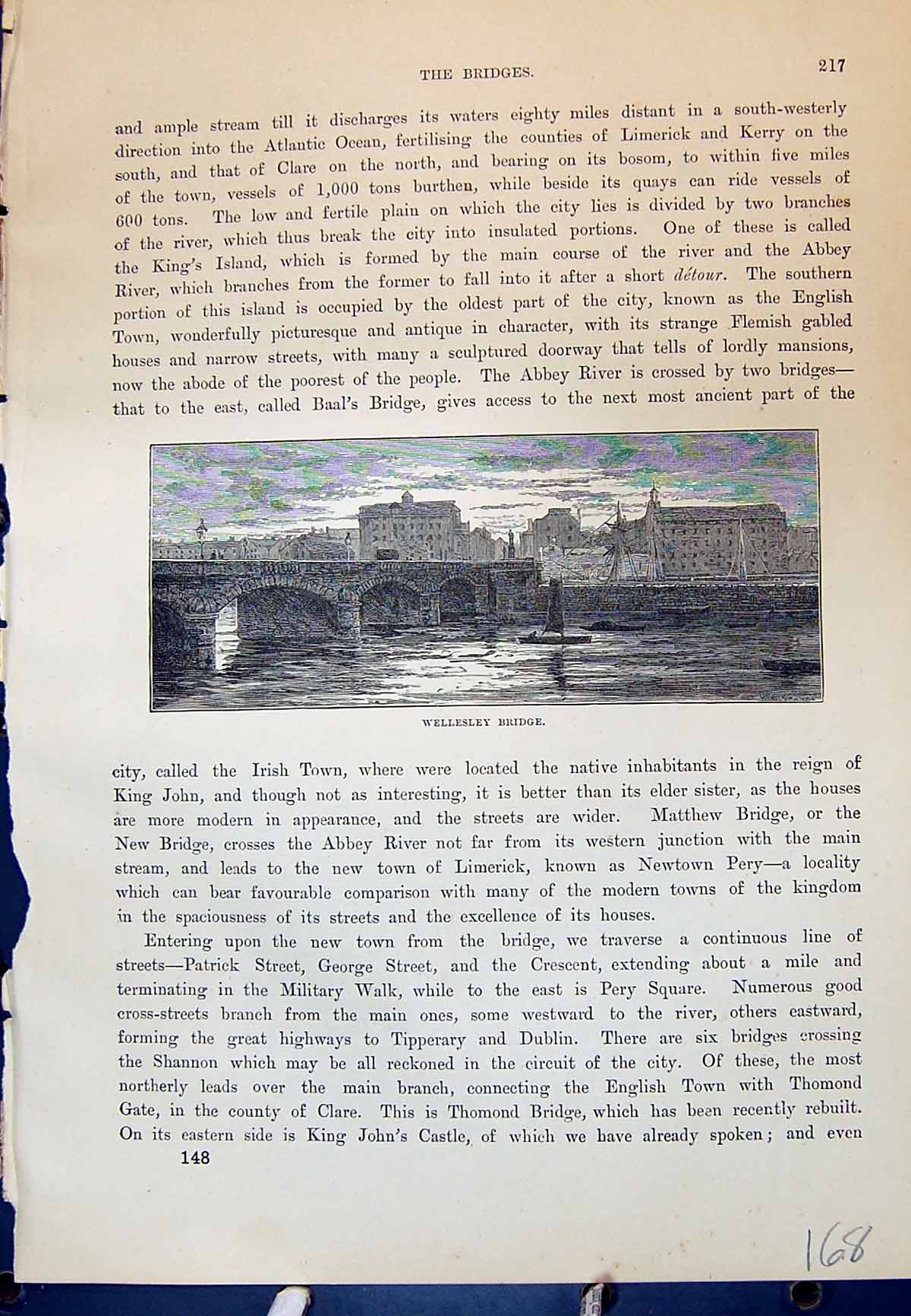 Old Antique Print Wellesley Bridge River Buildings Ireland Cassell C1882 19th