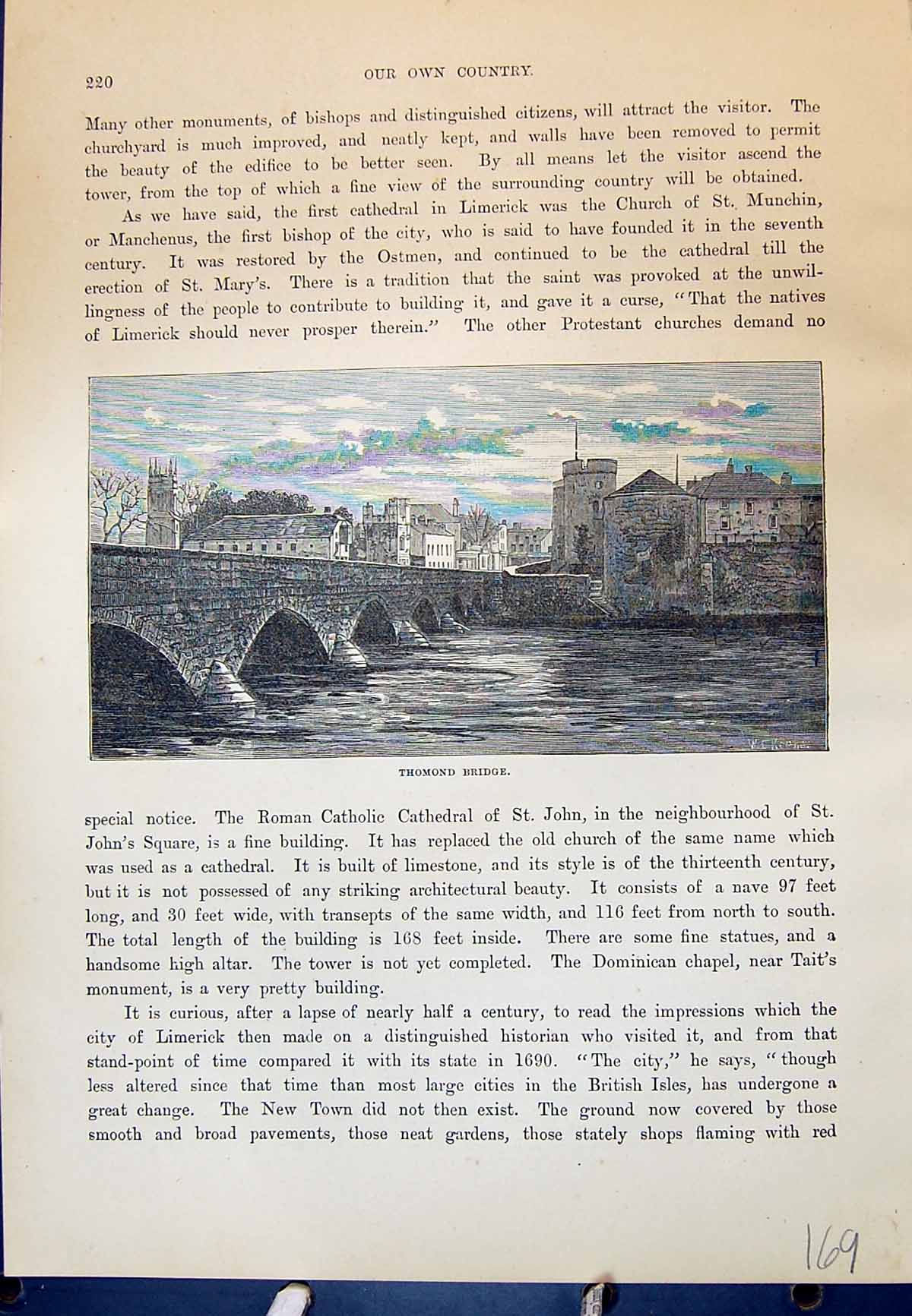 Original Old Antique Print Thomond Bridge River Ireland Cassell C1882 Victorian
