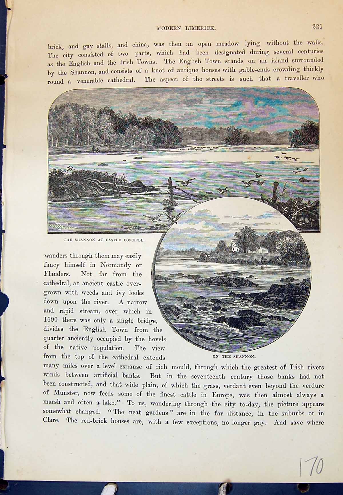 Original Old Antique Print River Shannon Castle Connell Ireland Cassell C1882
