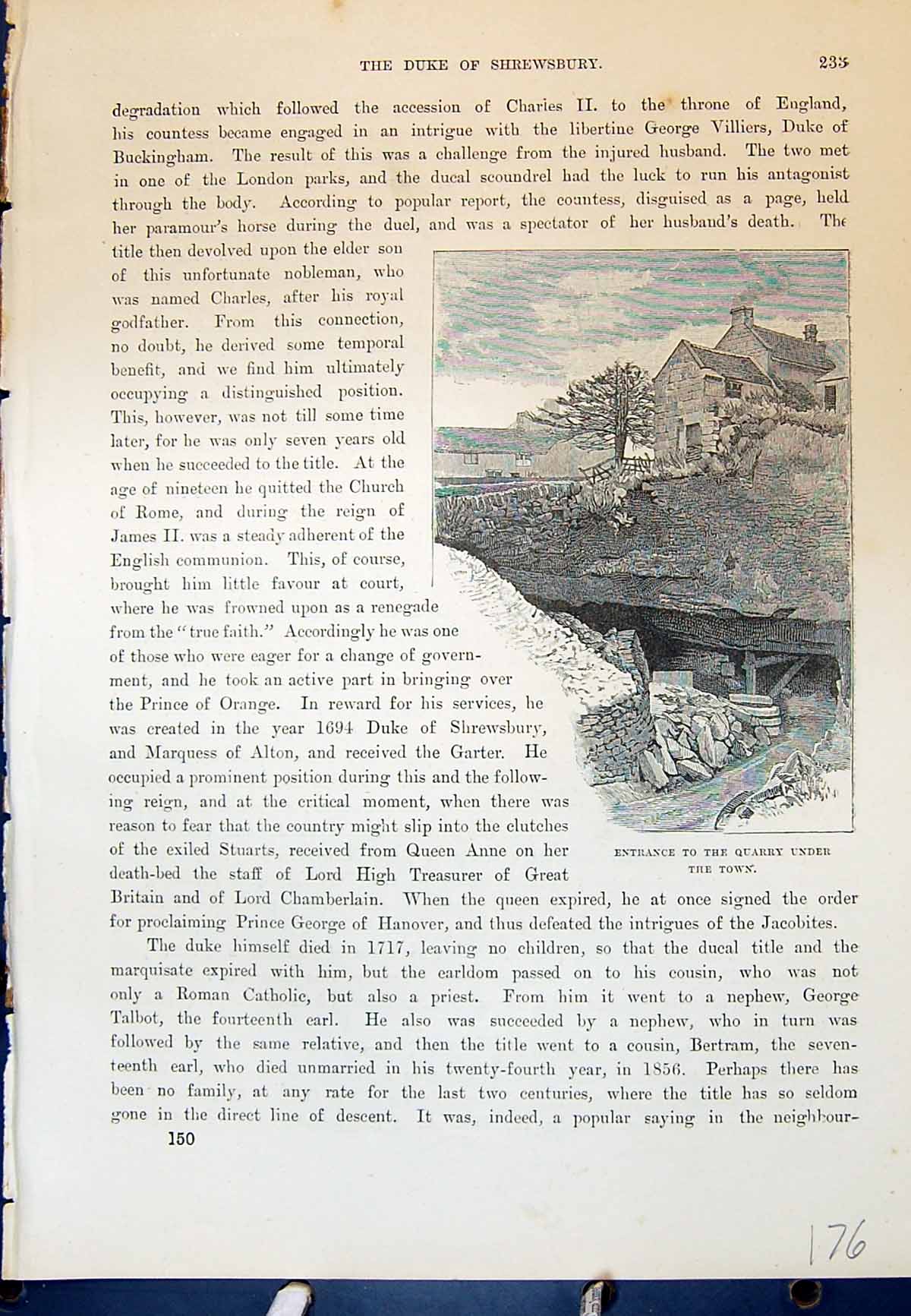 Original Old Antique Print Entrance Quarry Town Shrewsbury Cassell C1882 19th