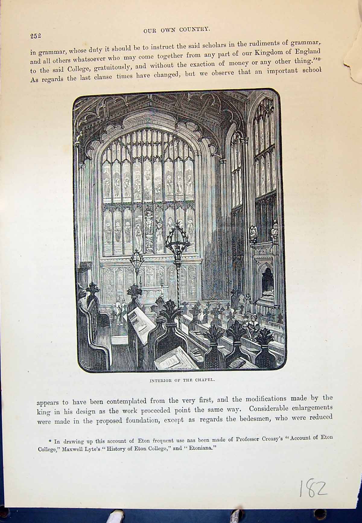 Original Old Antique Print Interior Chapel Eton Architecture Cassell C1882 19th