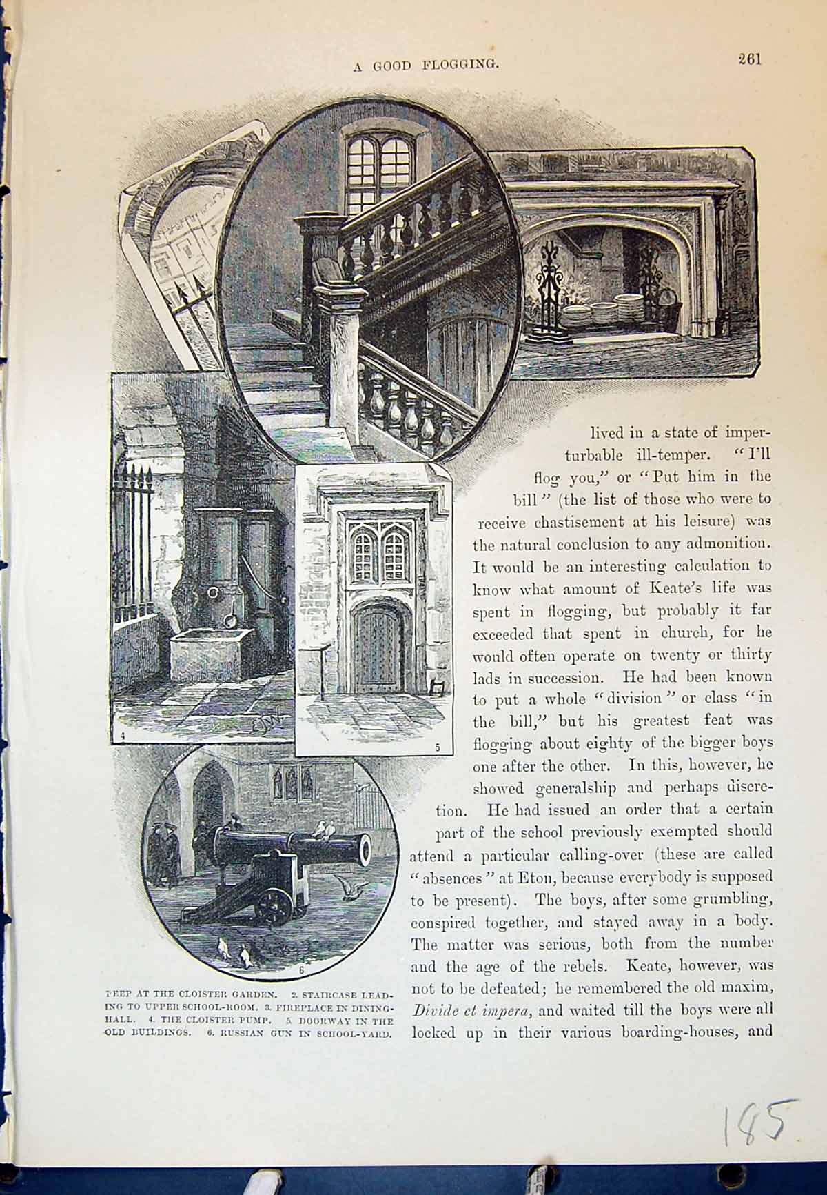 Old Print Eton School Cloister Garden Pump Russian Gun Yard Cassell C1882 19th